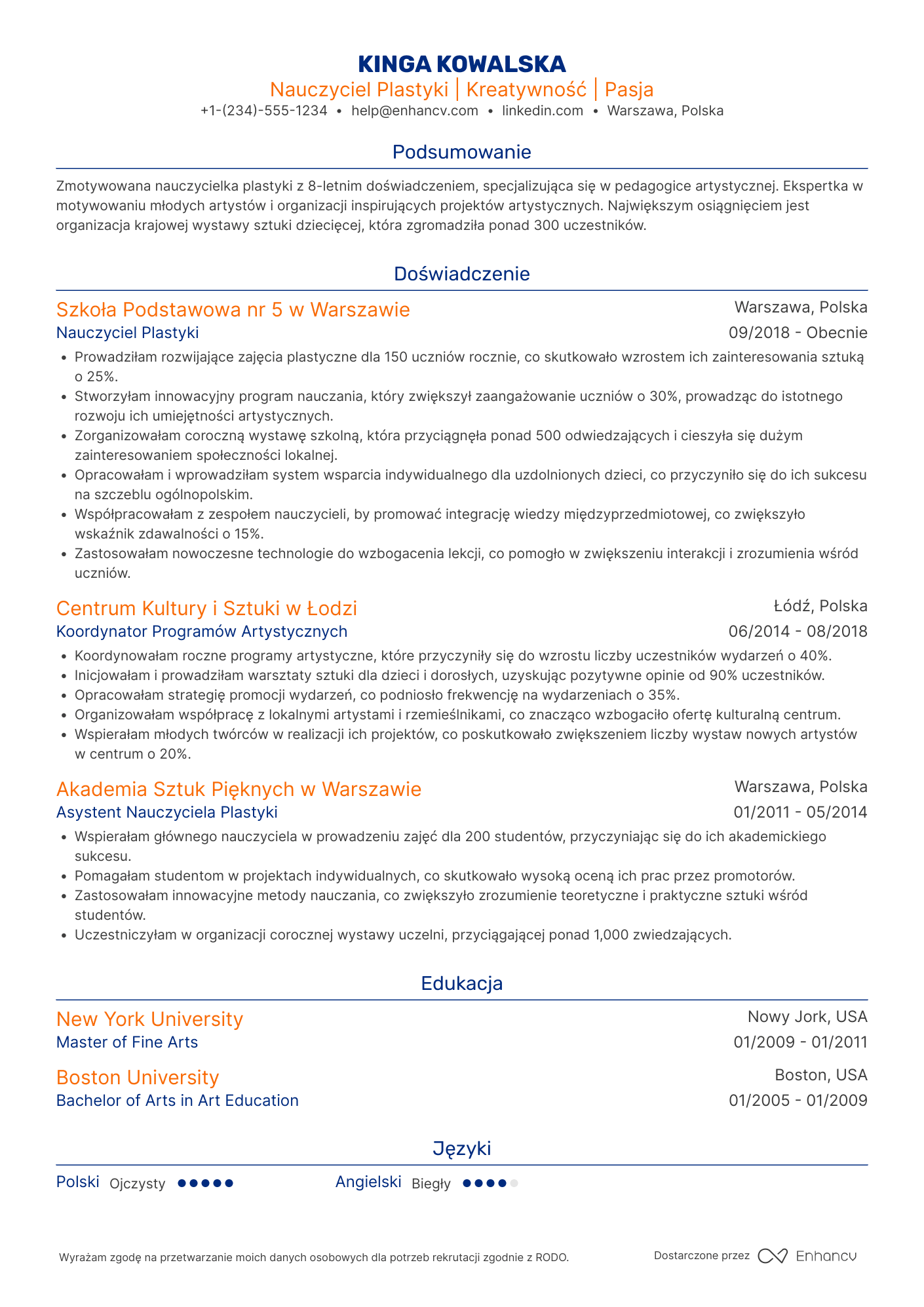 CV dla Nauczyciel Plastyki Resume Example