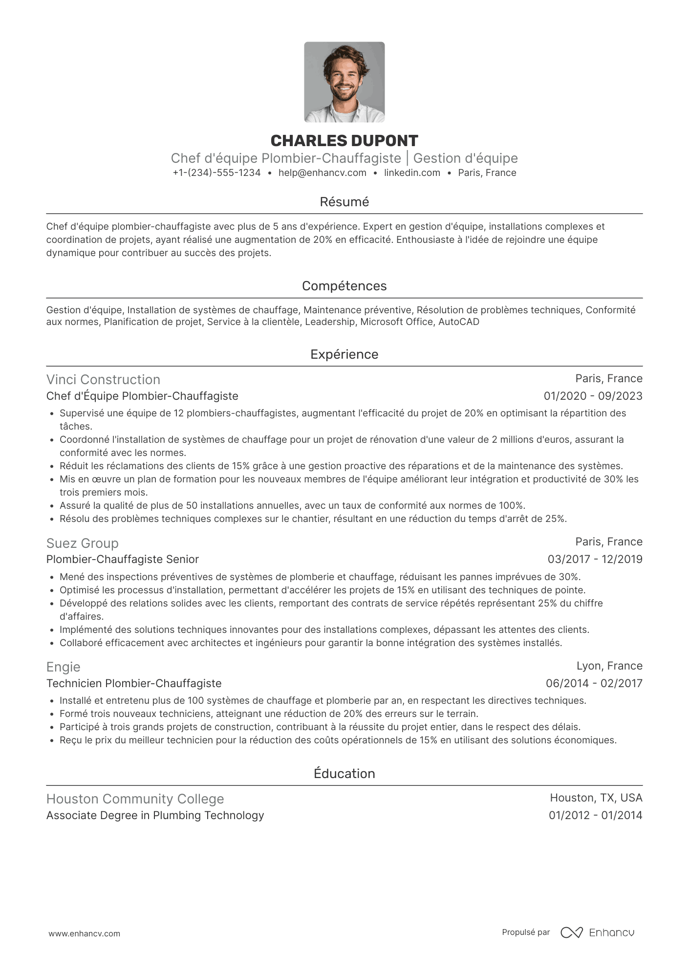 Exemple de CV de chef d'équipe plombier chauffagiste Resume Example
