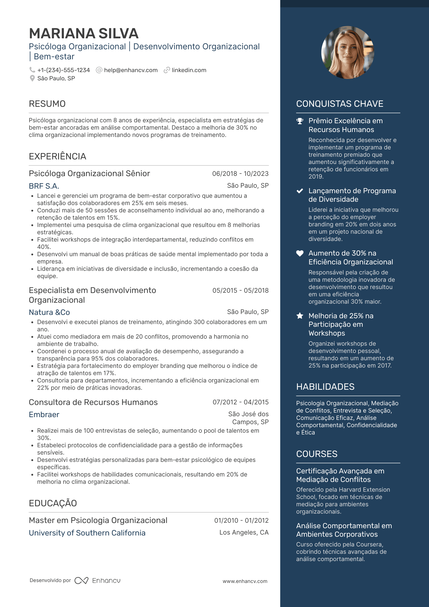 Currículo de psicólogo organizacional Resume Example