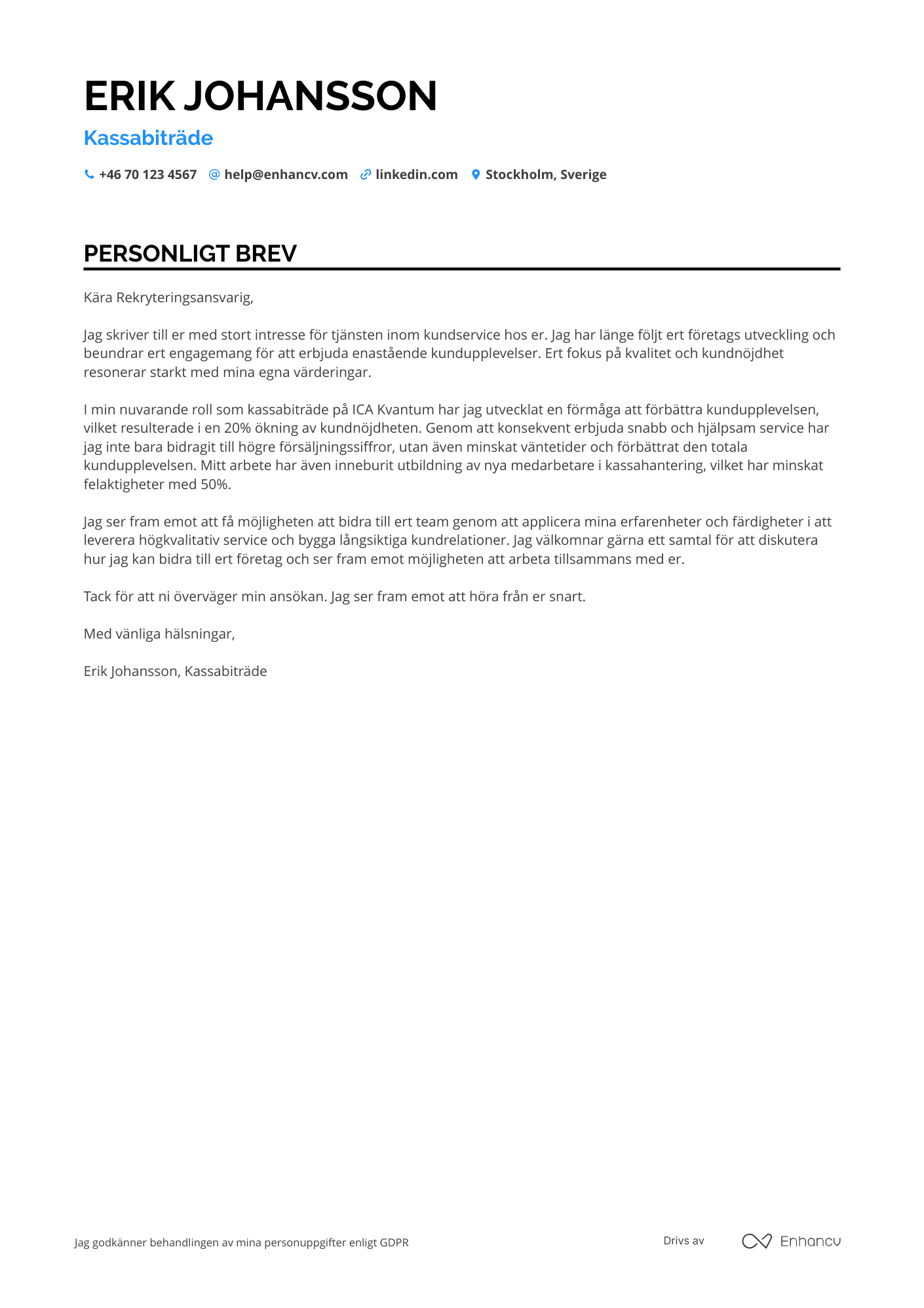 Personligt brev för Kassabiträdehandler Resume Example