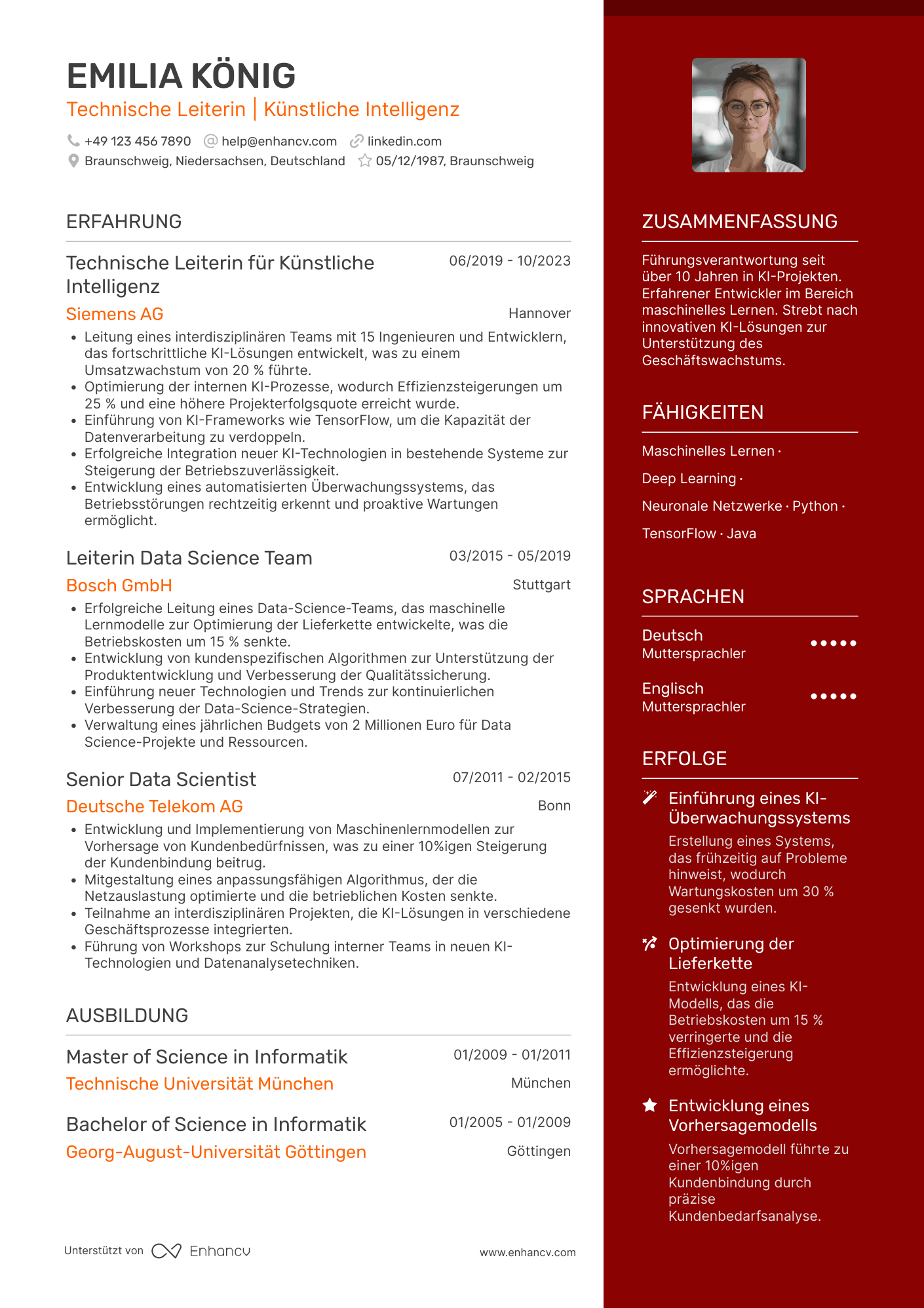 Lebenslauf als Technischer Leiter für Künstliche Intelligenz Resume Example