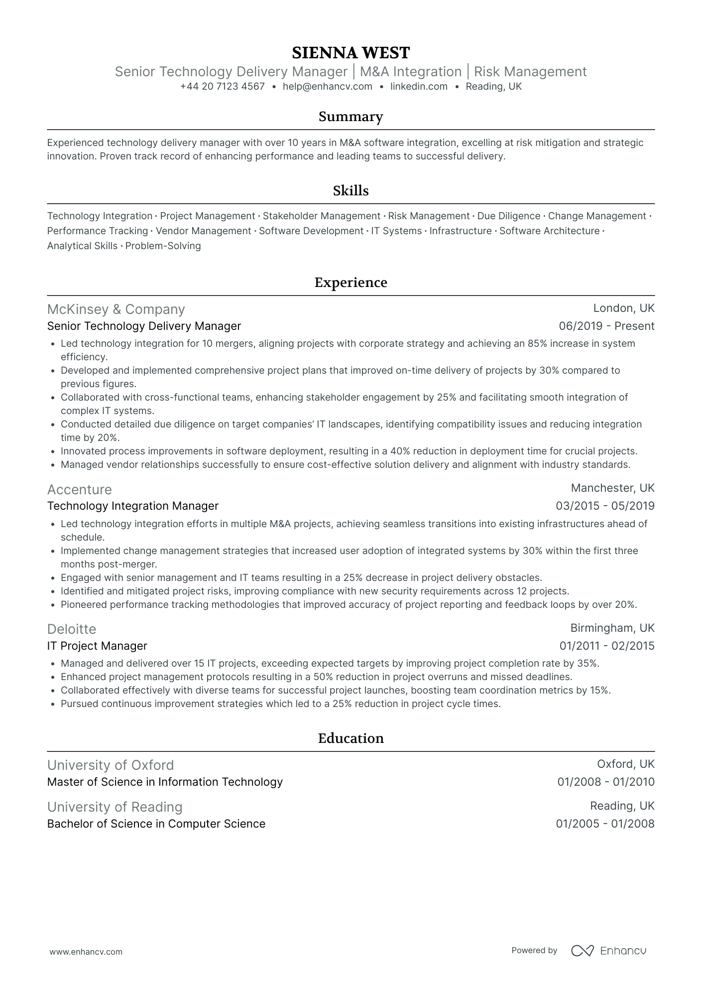 Senior Delivery Manager in IT Resume Example