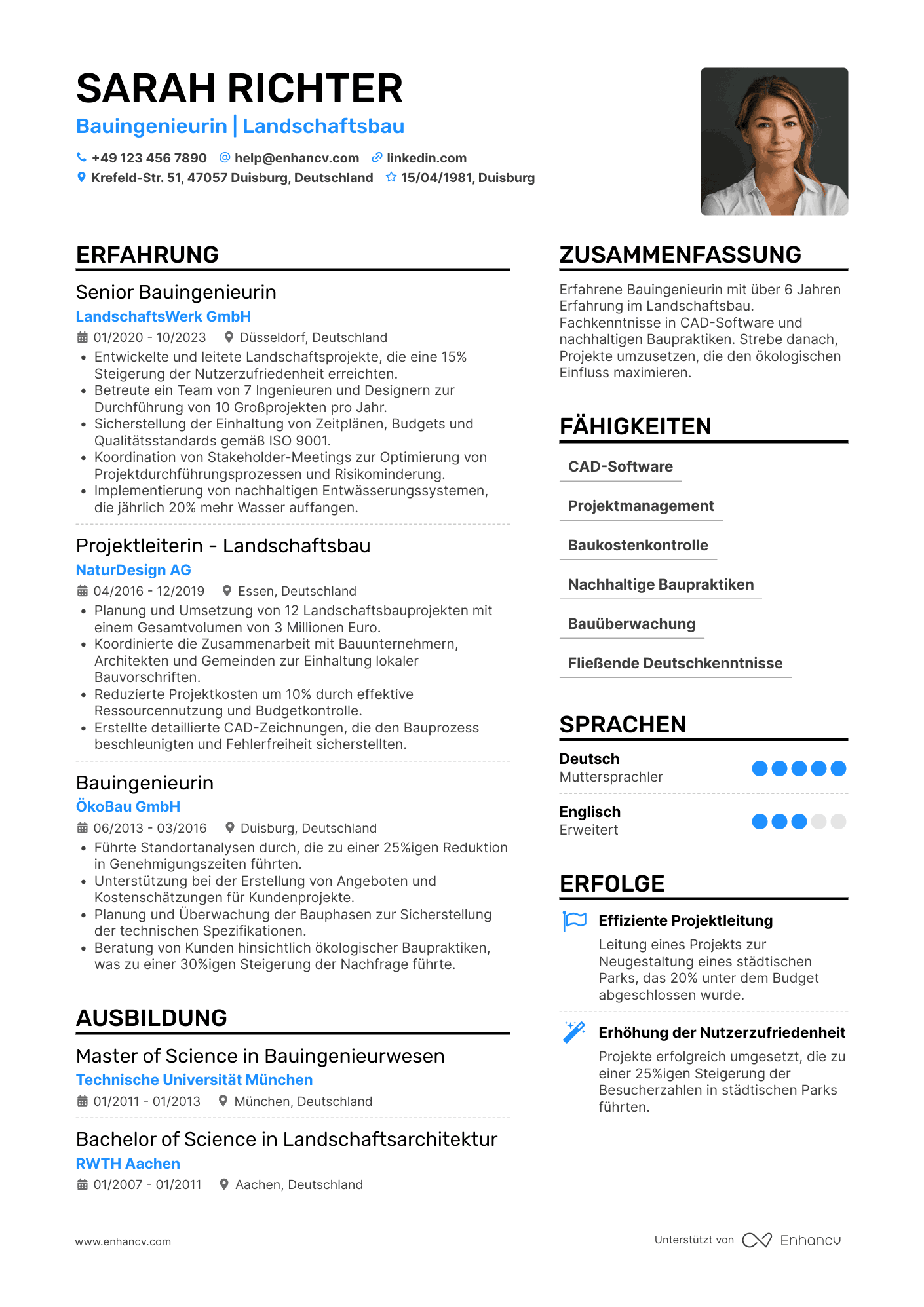 Lebenslauf als Bauingenieur für Landschaftsbau Resume Example