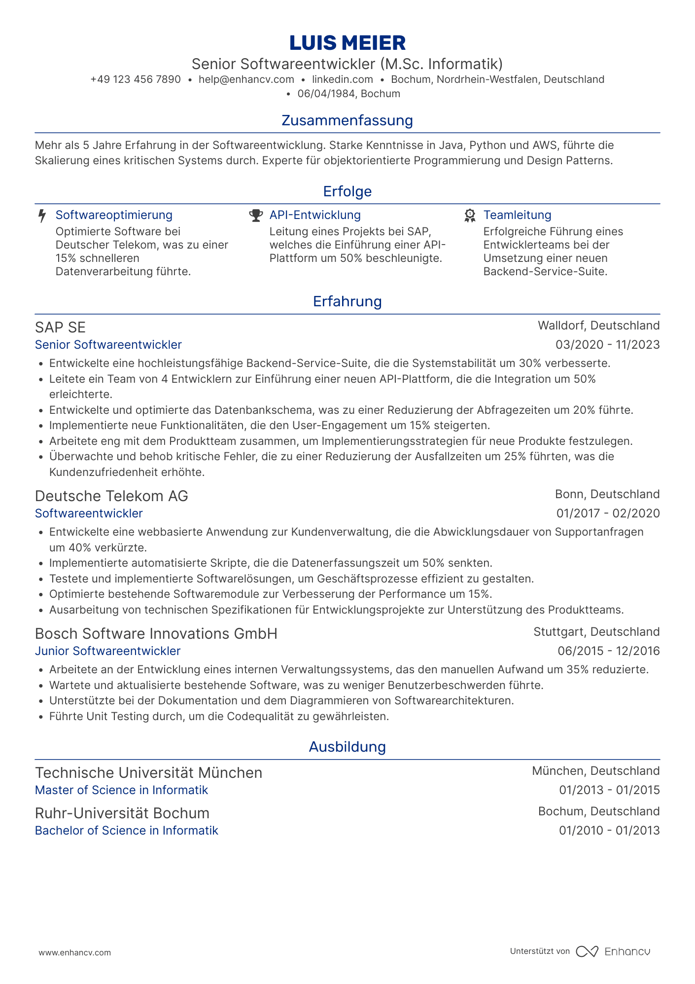 Lebenslauf als Senior Softwareentwickler Resume Example