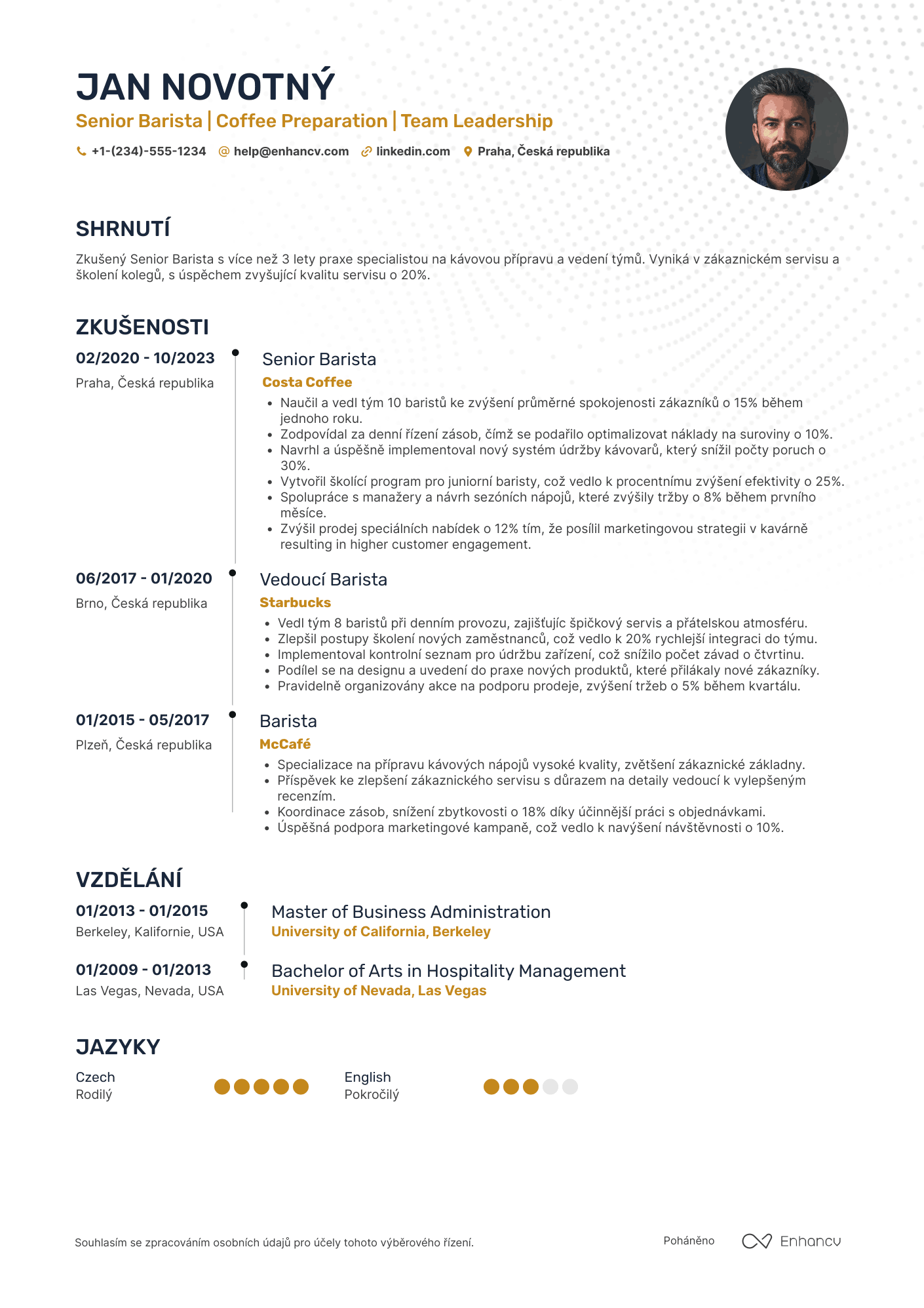 Životopis pro Senior Barista Resume Example
