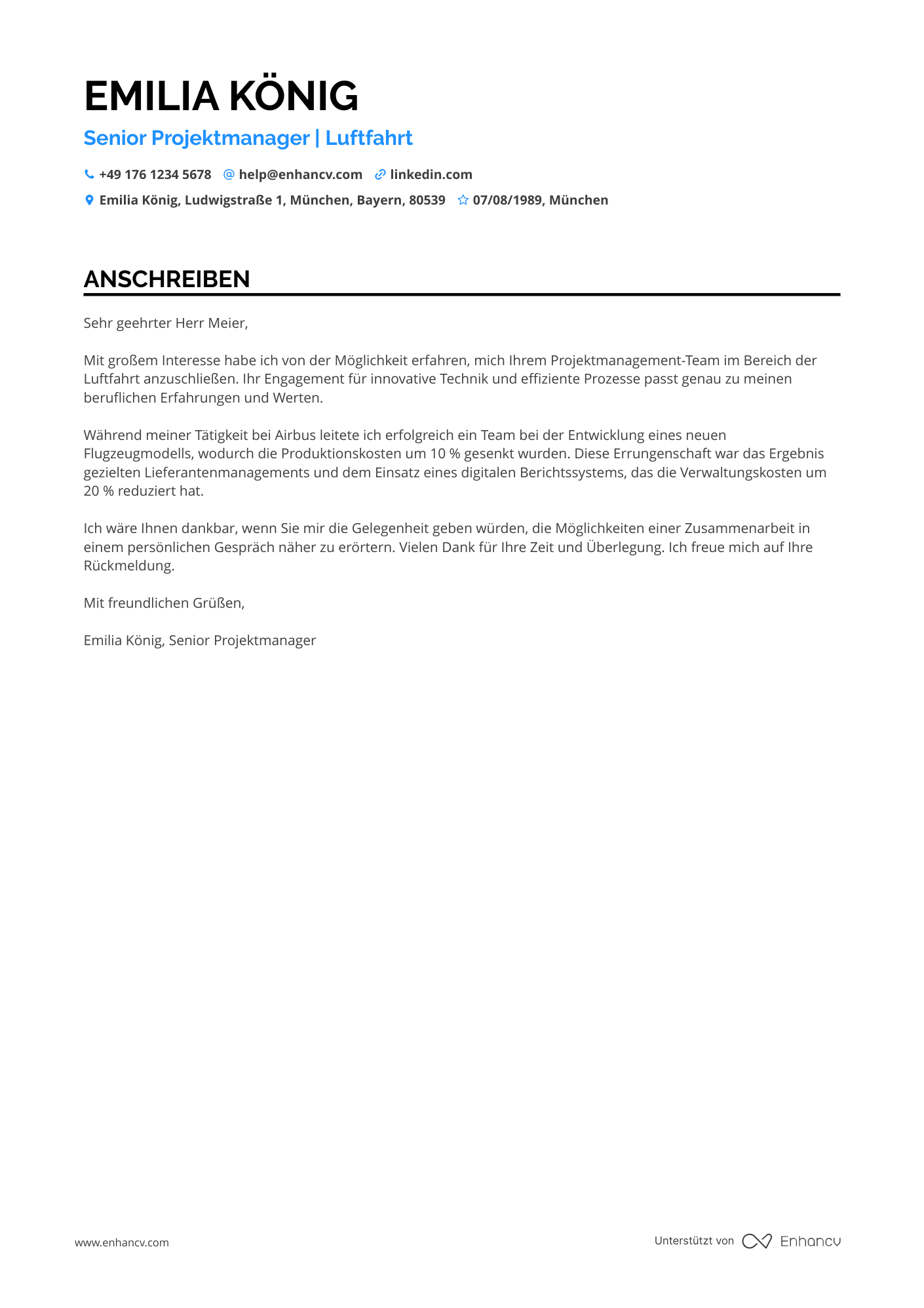 Projektmanager in der Luftfahrt Resume Example