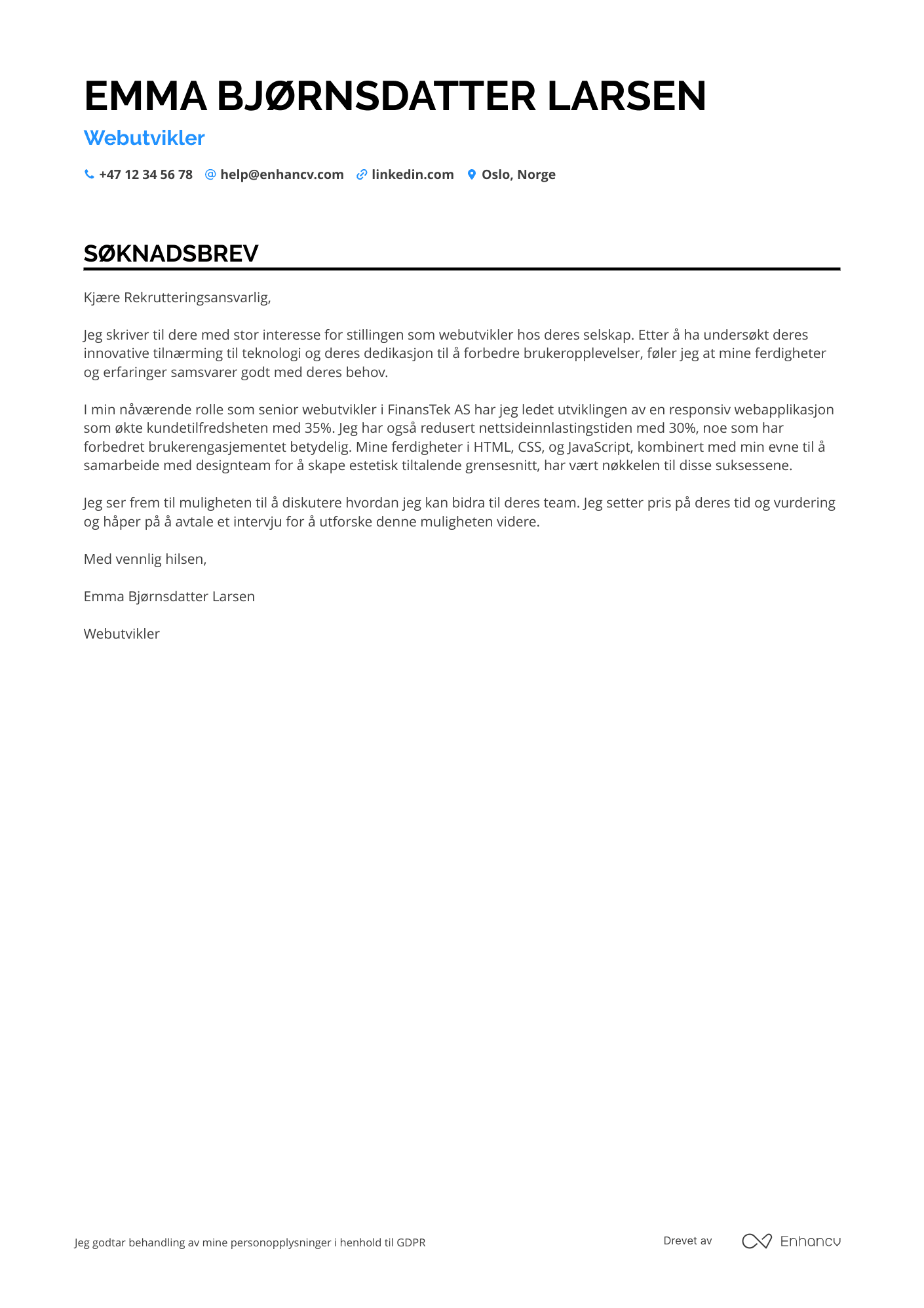 Søknadsbrev for Webutvikler i FinTech Resume Example