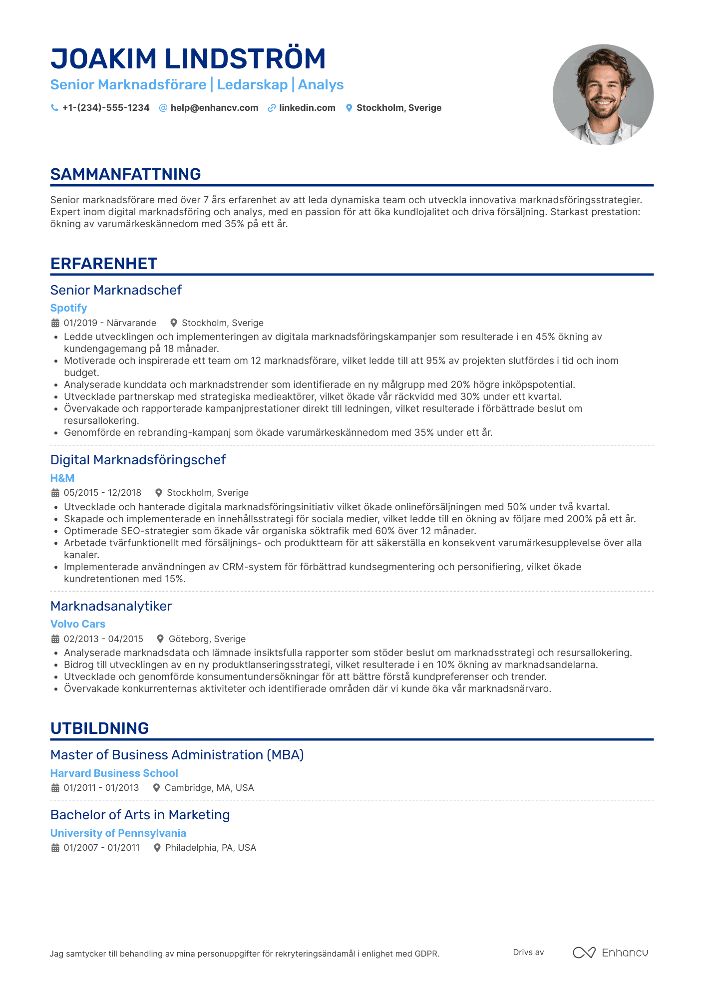 CV för Karriärbyte Senior Marknadsförare Resume Example