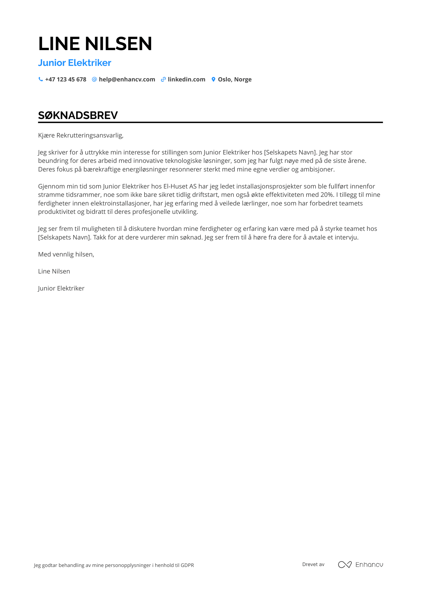 Søknadsbrev for Junior Elektriker Resume Example