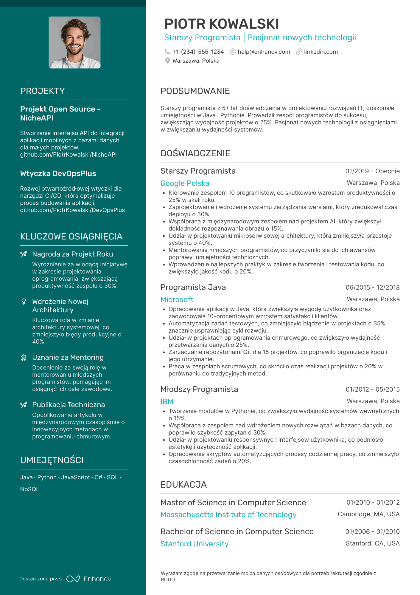 CV dla Starszy Programista Resume Example