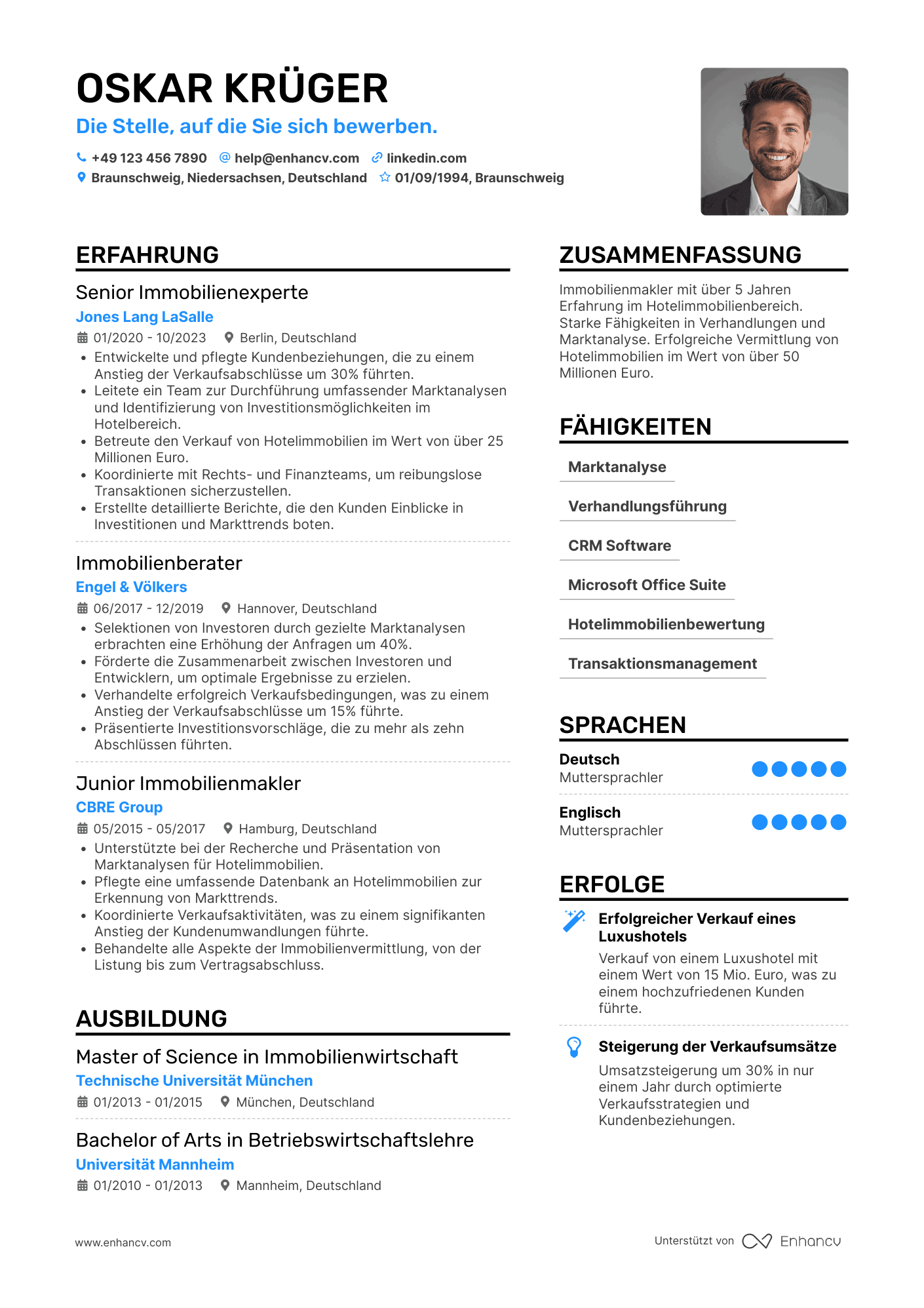 Lebenslauf in Immobilienmakler für Hotelimmobilien Resume Example