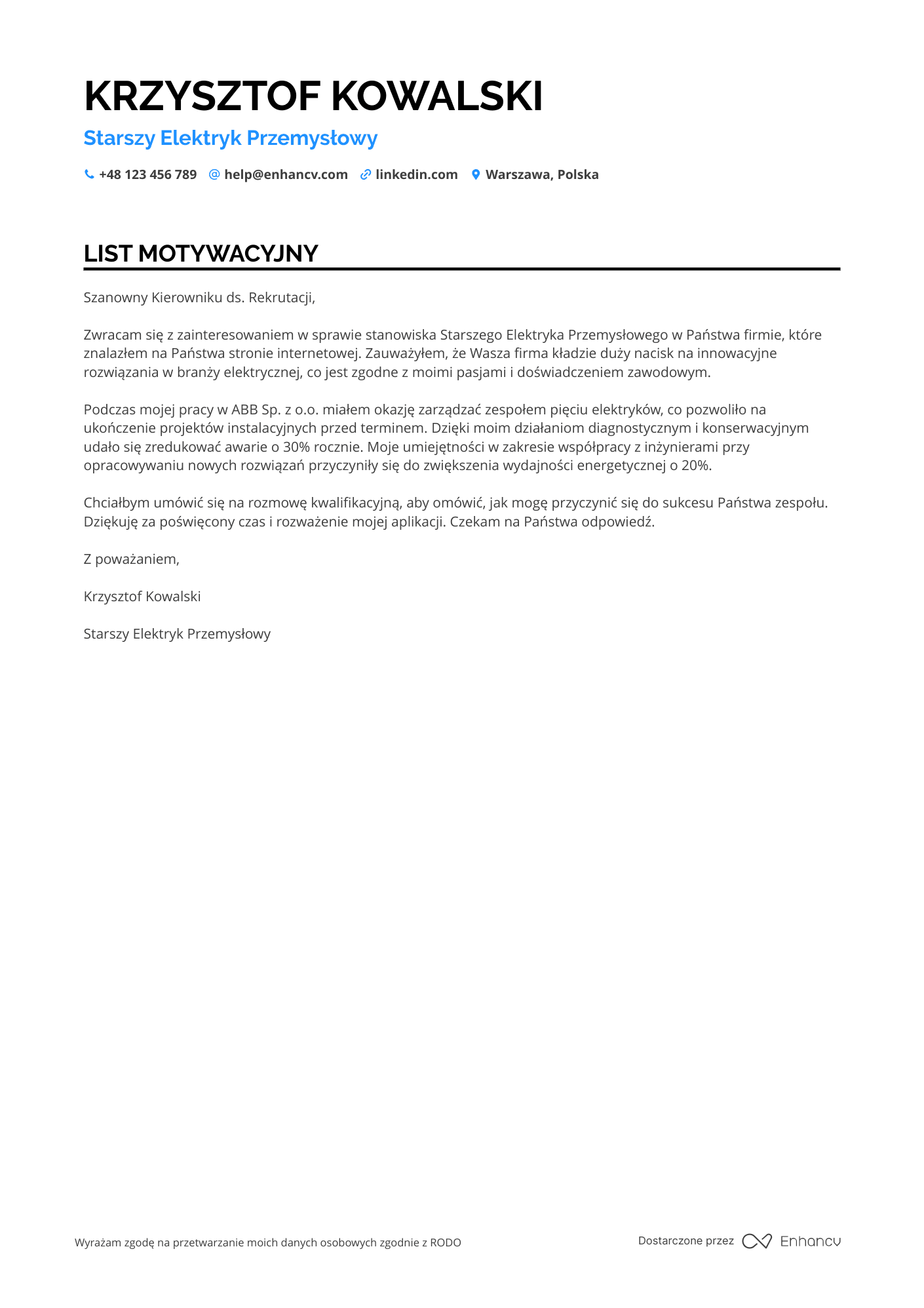List motywacyjny dla Elektryk Przemysłowy Resume Example