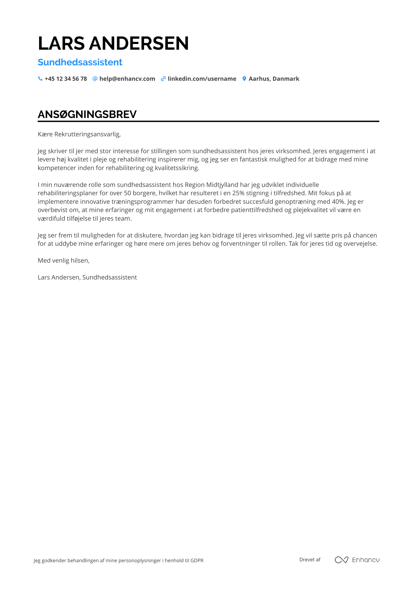 Ansøgningsbrev til Sundhedsassistent i rehabilitering Resume Example