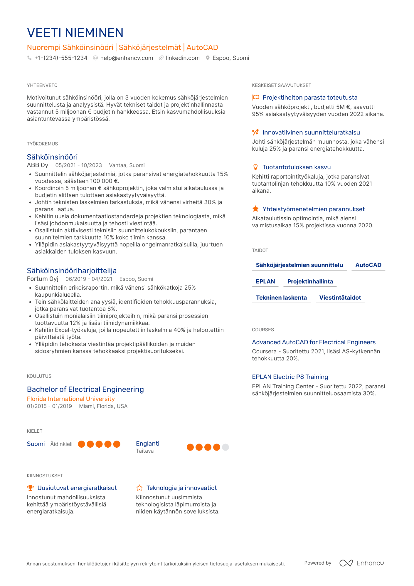Ansioluettelo Nuorempi Sähköinsinööri Resume Example