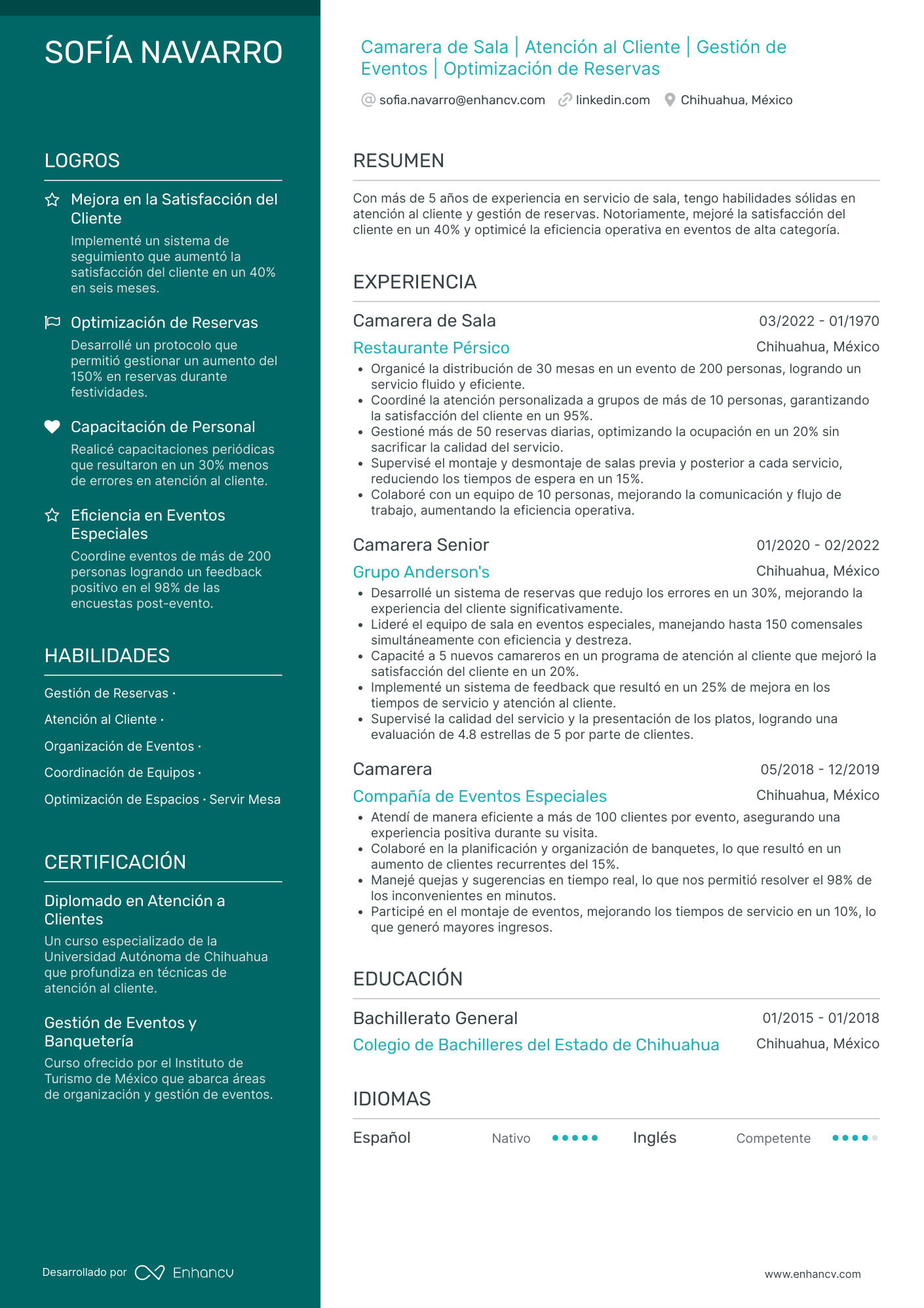 Camarero de Sala Resume Example