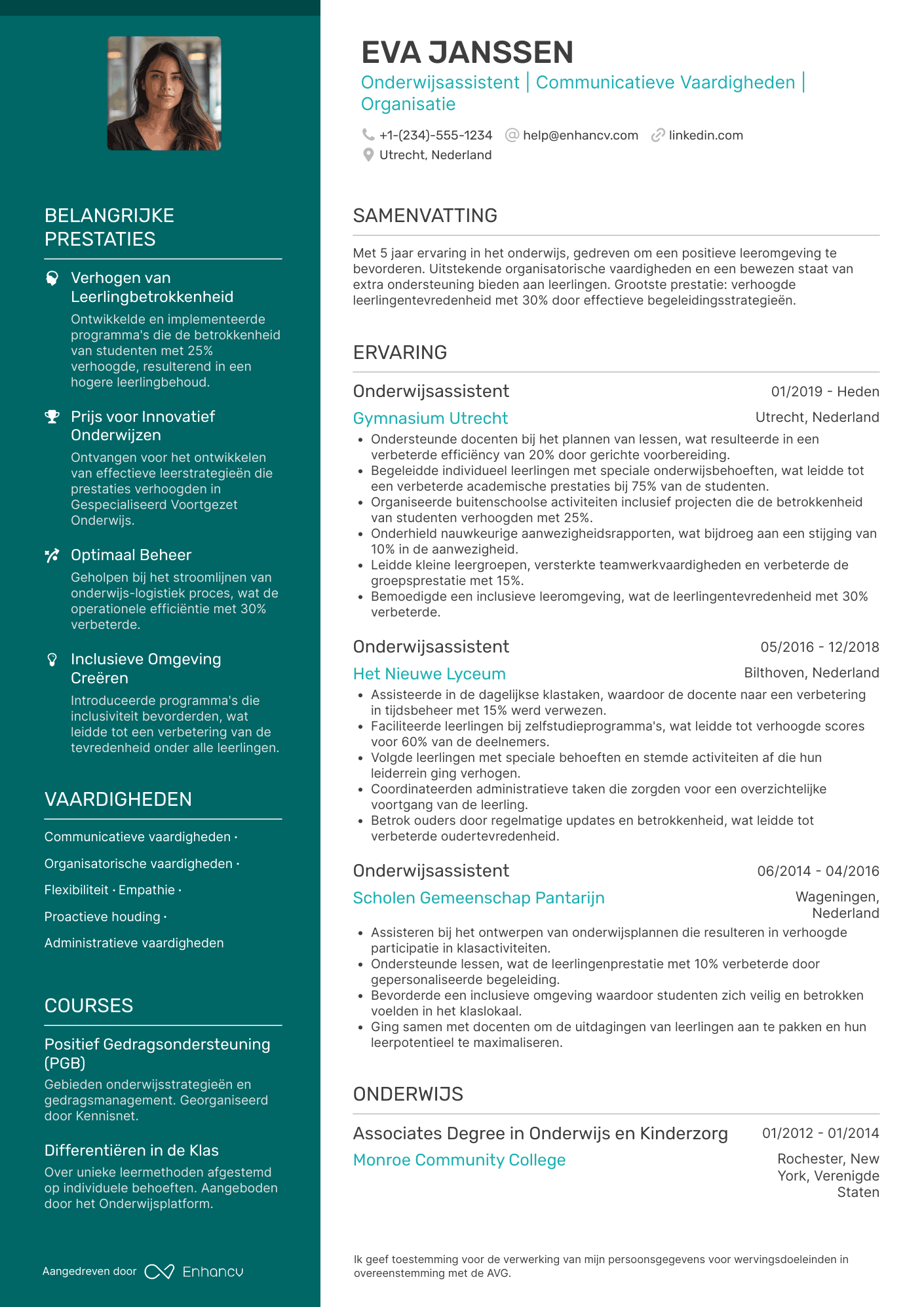 CV voor Onderwijsassistent in het Voortgezet Onderwijs Resume Example