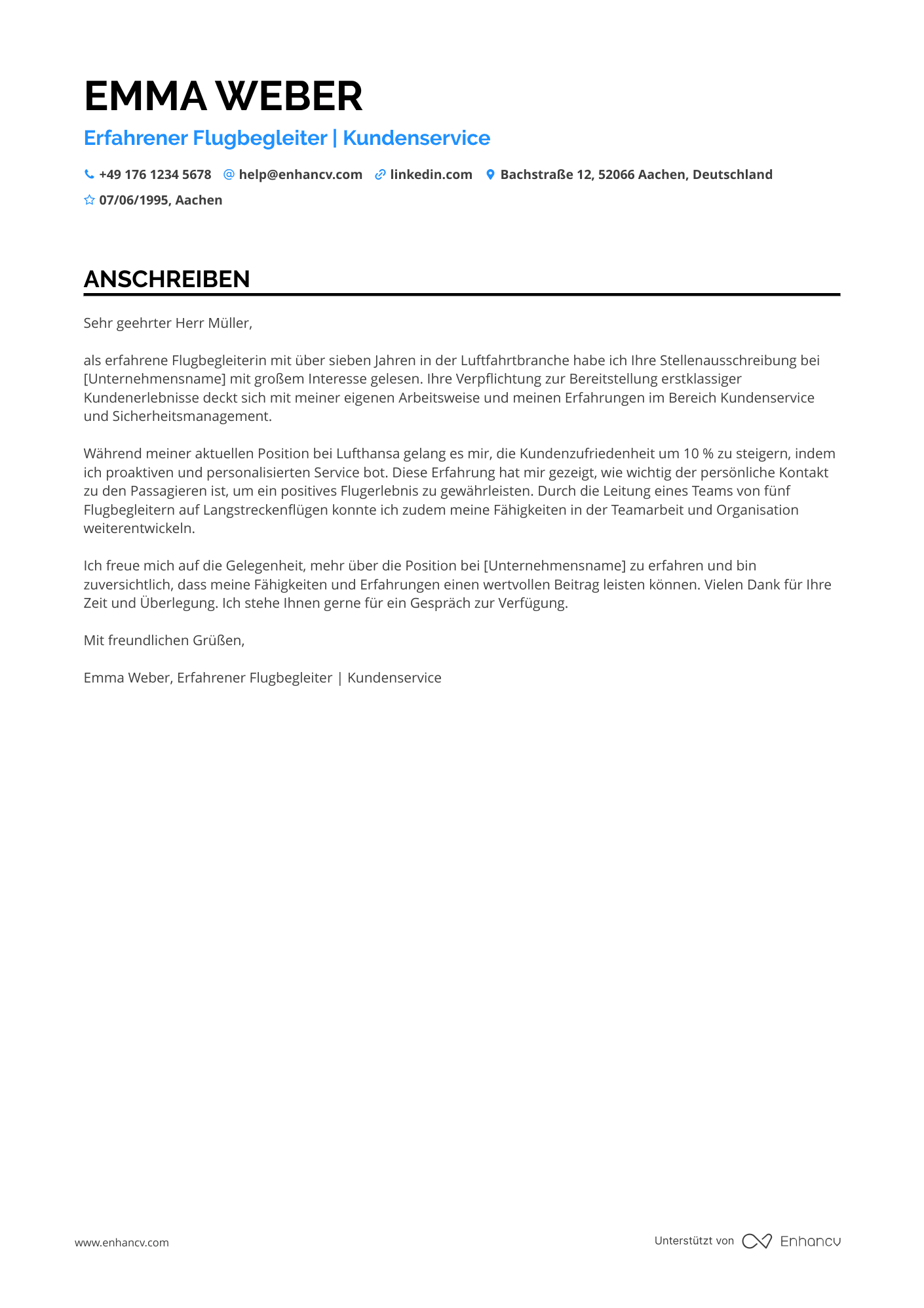 Flugbegleiter mit mehrjähriger Erfahrung Resume Example