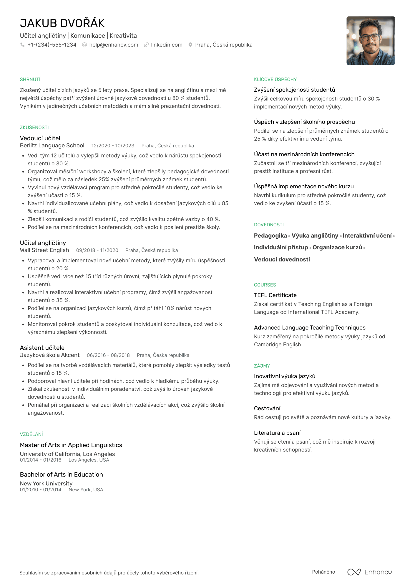 Životopis pro Učitel v jazykové škole Resume Example