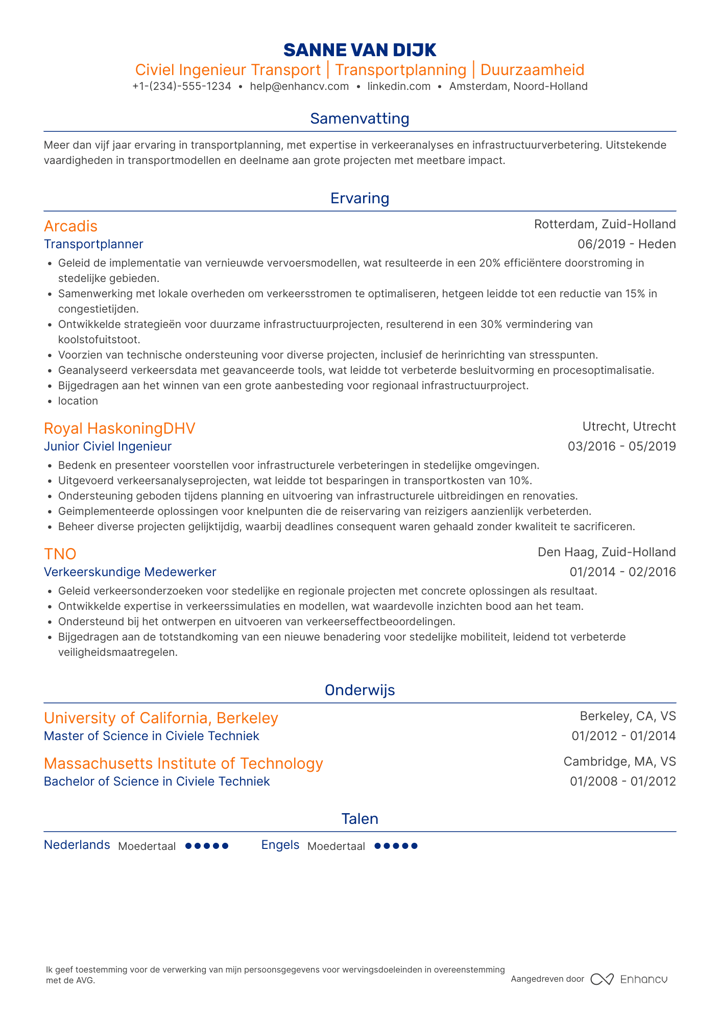 CV voor Civiel Ingenieur Transportplanner Resume Example