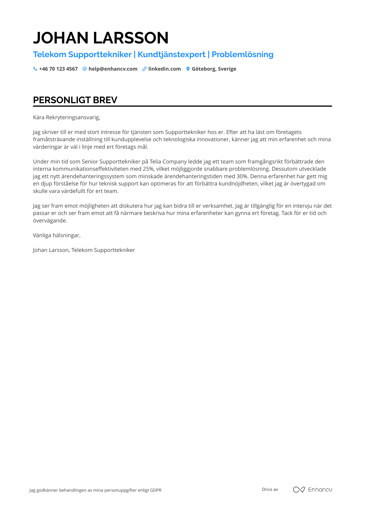 Personligt brev för Telekom Supporttekniker Resume Example