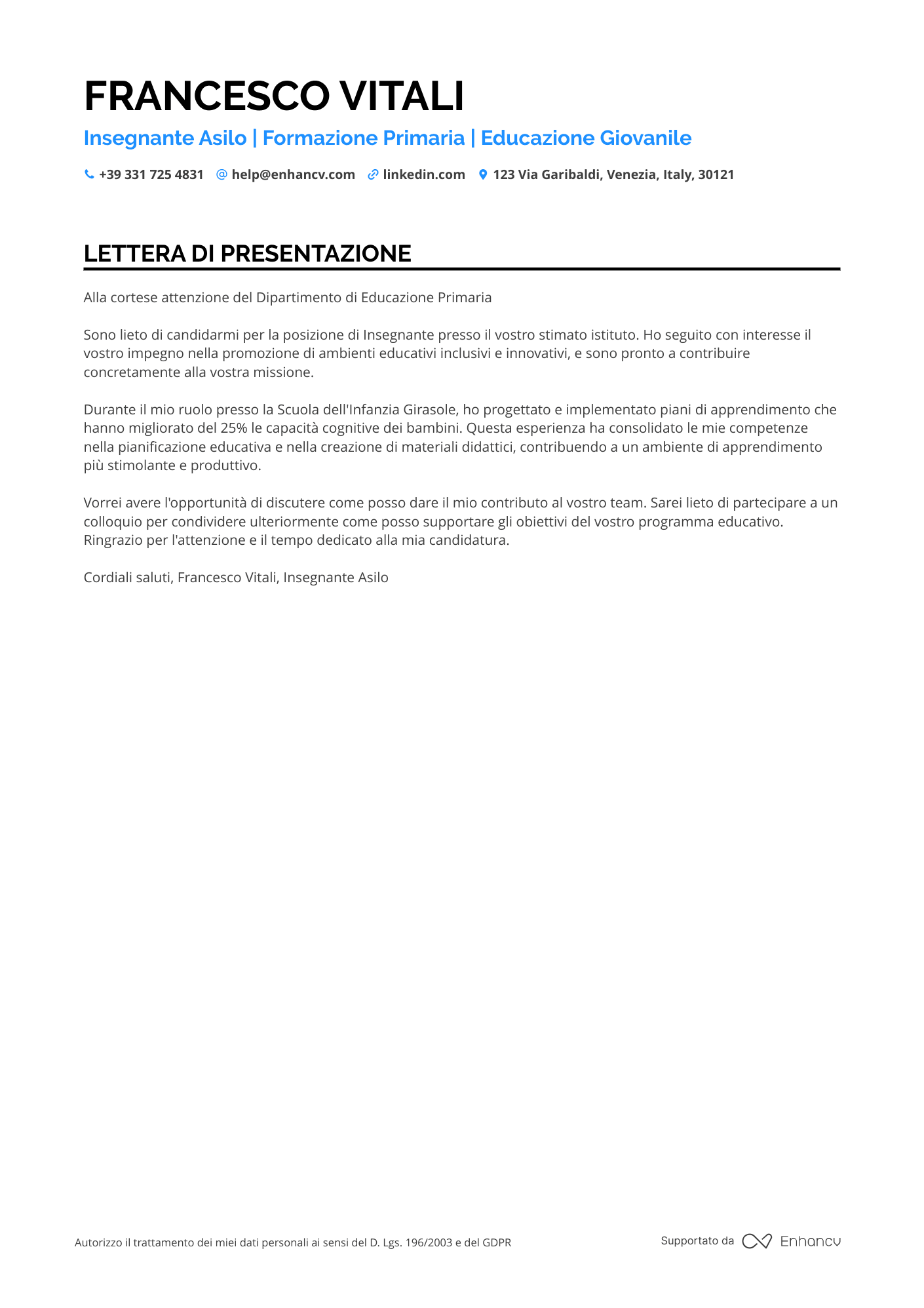 Insegnante Senza Esperienza Resume Example