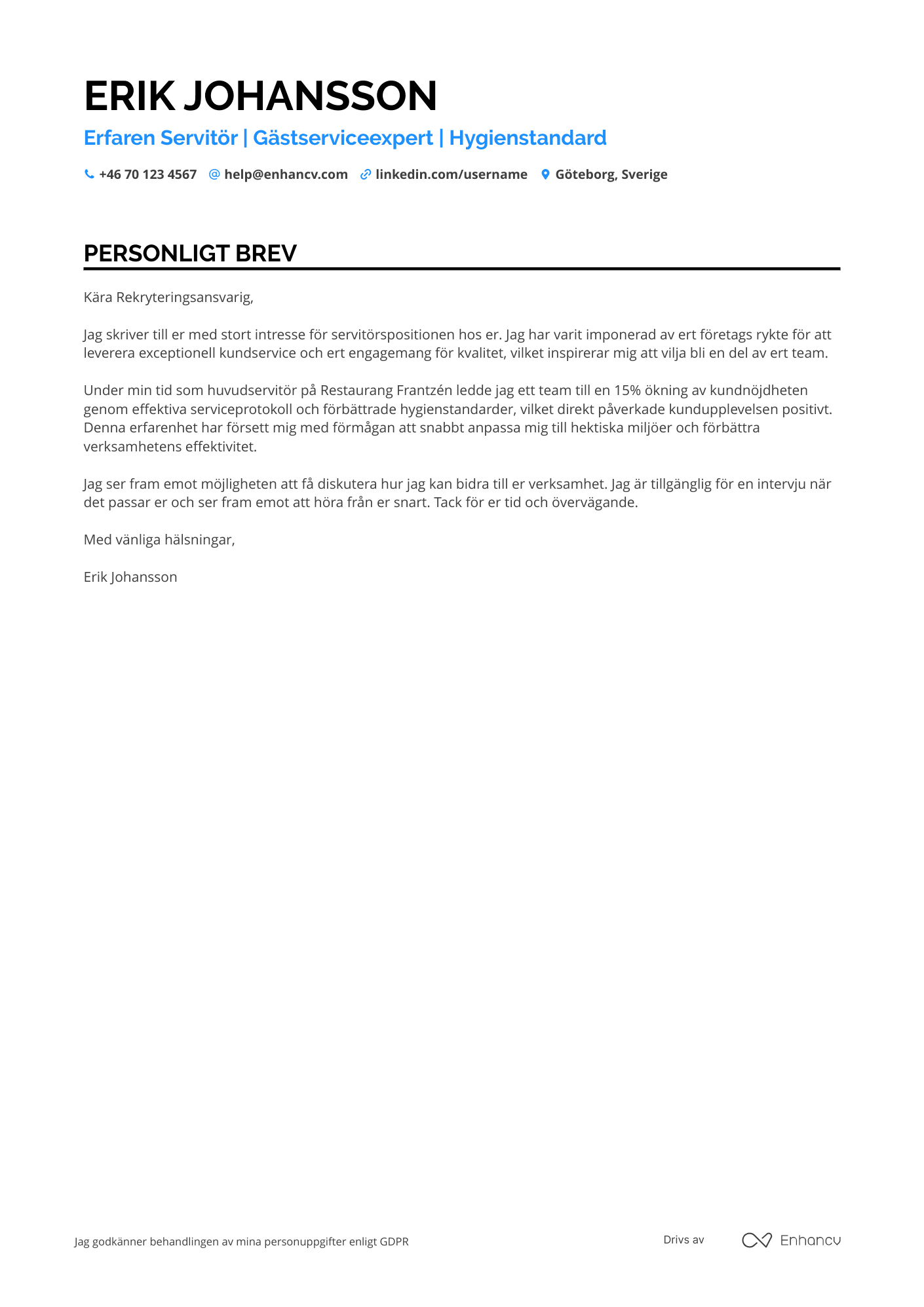 Personligt brev för Exclusive Servitris Resume Example