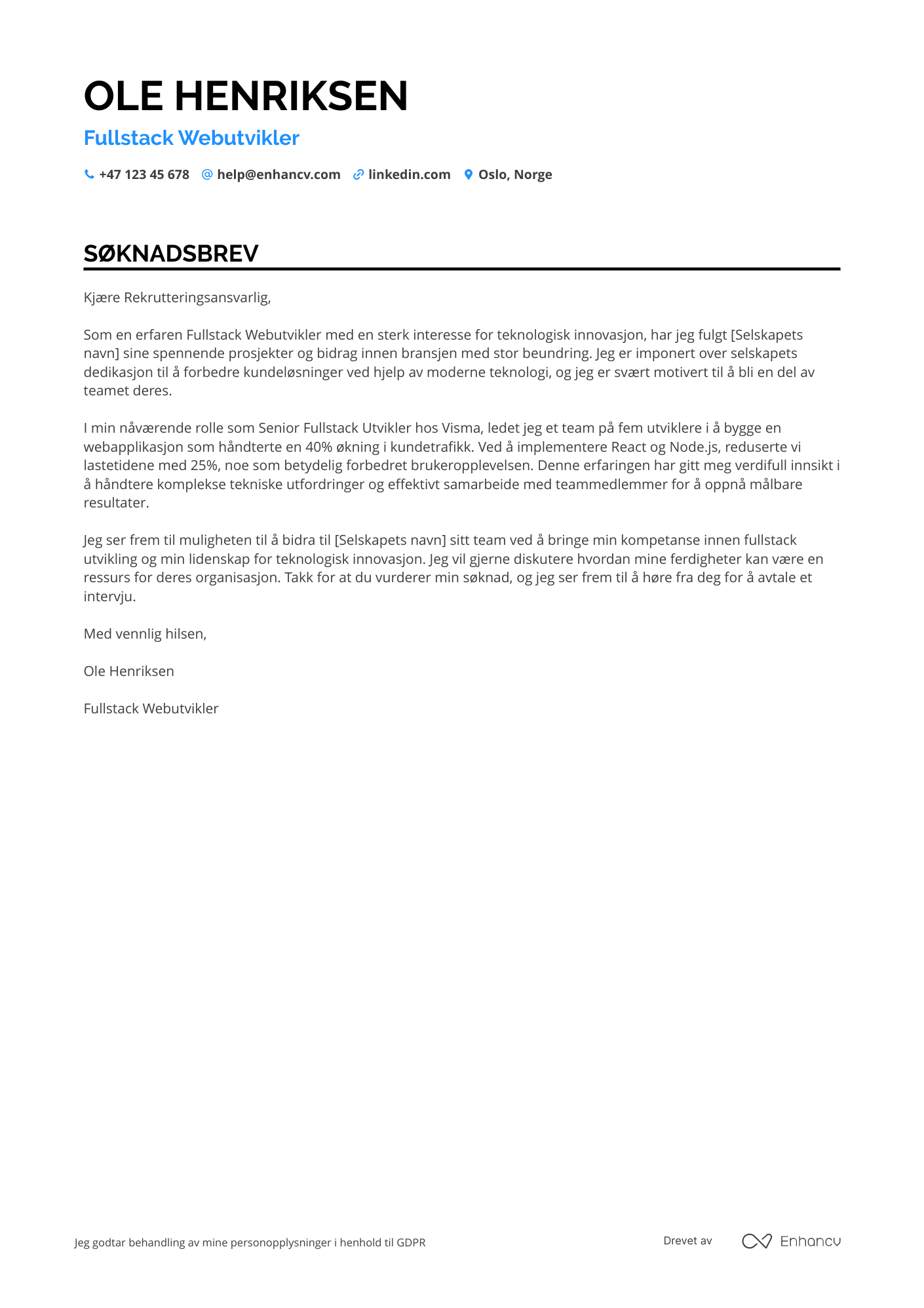 Søknadsbrev for Fullstack Webutvikler Resume Example