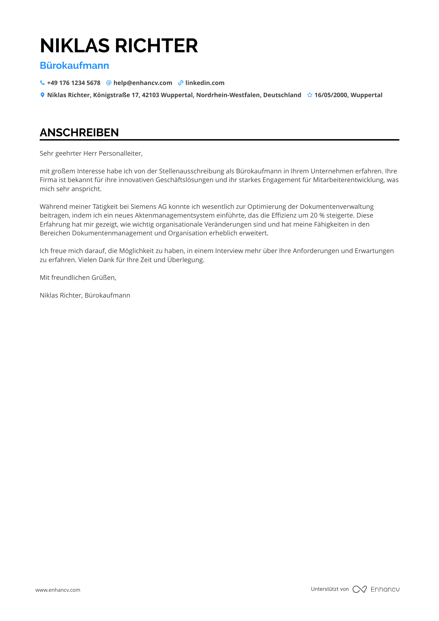 Büroverwalter mit Einsteigererfahrung Resume Example