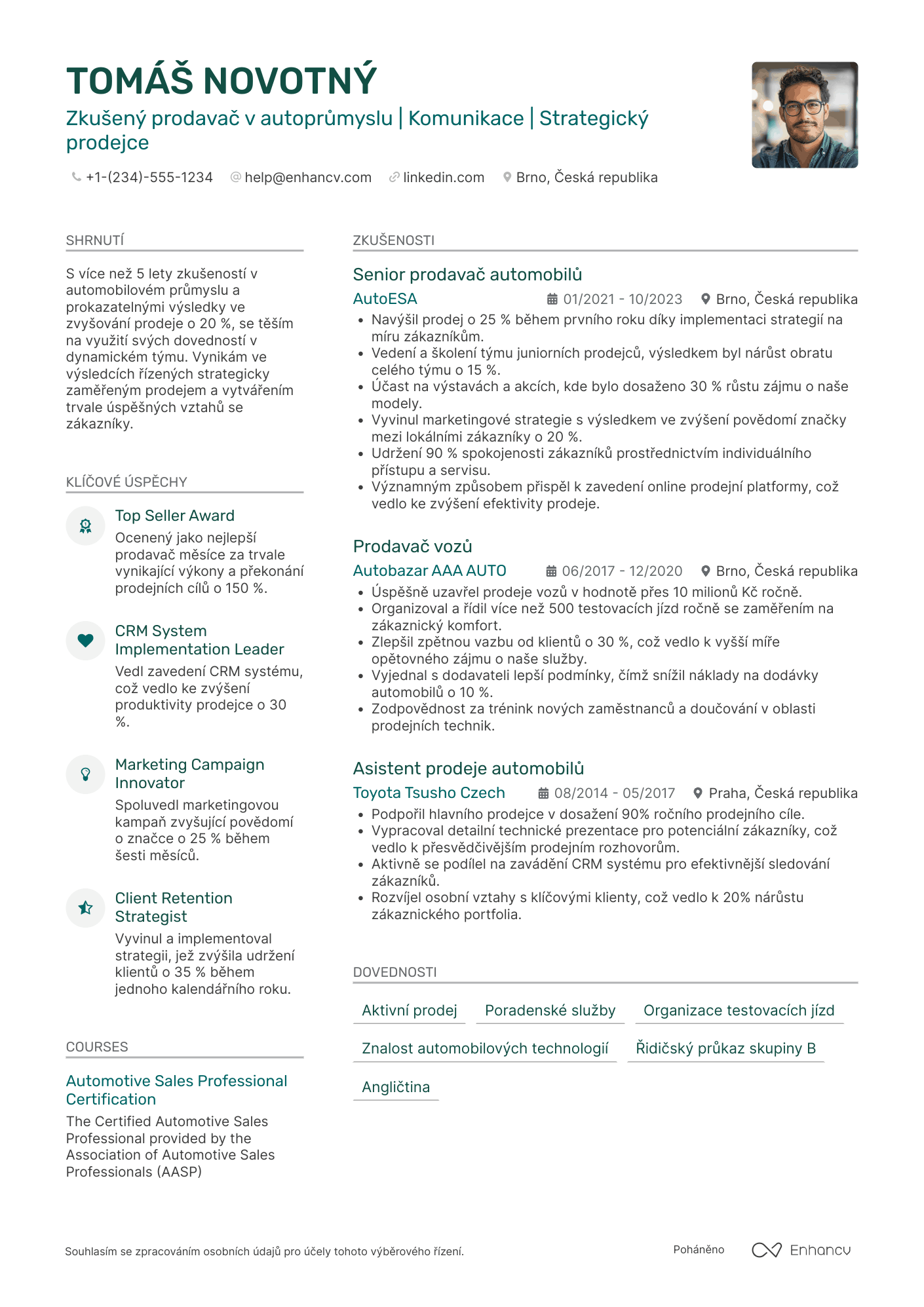 Životopis pro Prodavač v automobilovém průmyslu Resume Example
