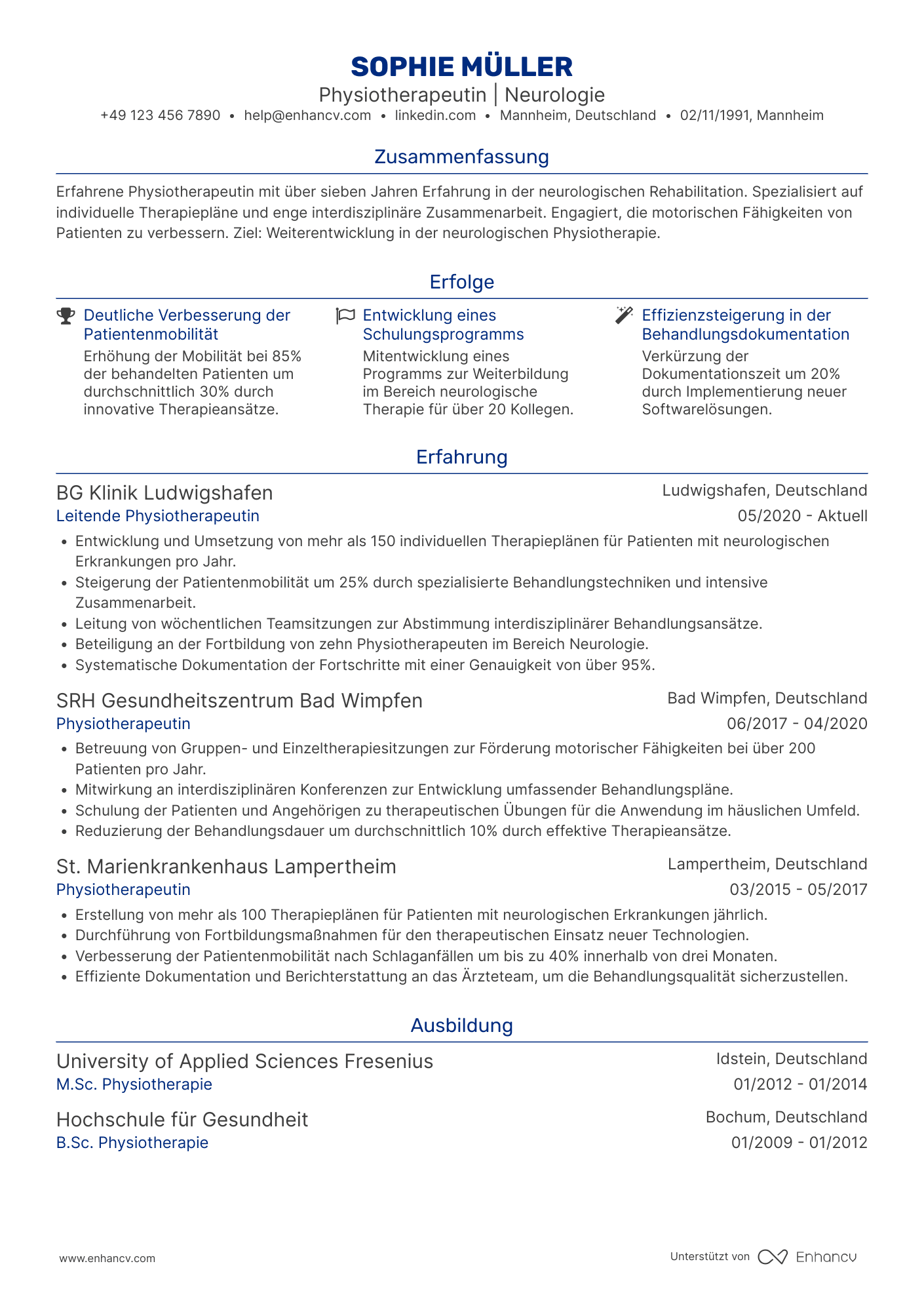 Lebenslauf als Physiotherapeut in der Neurologie Resume Example