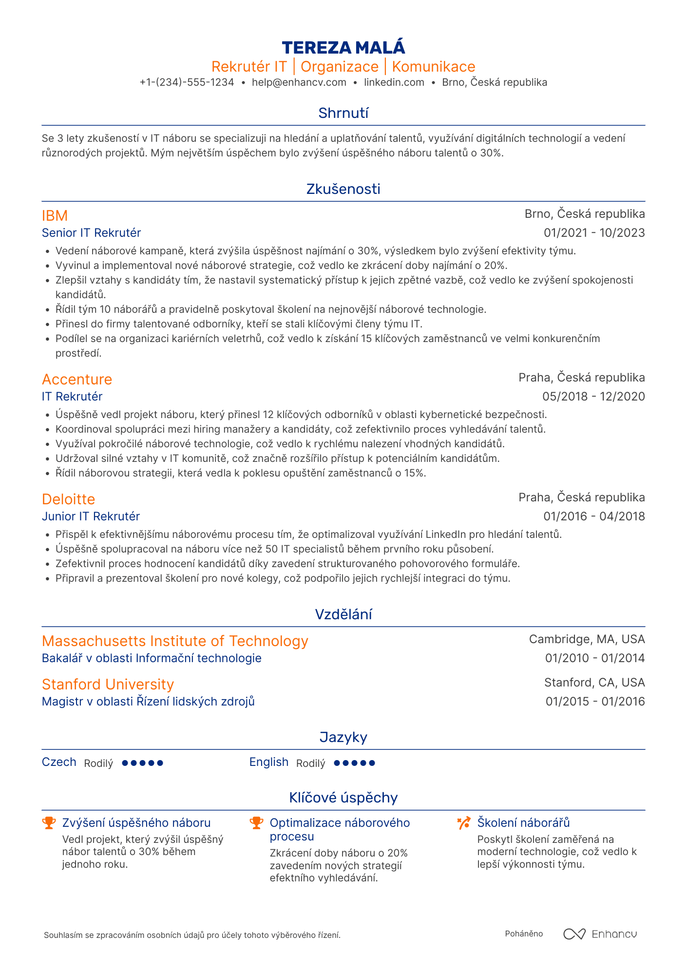 Životopis pro Rekrutér IT průmyslu Resume Example