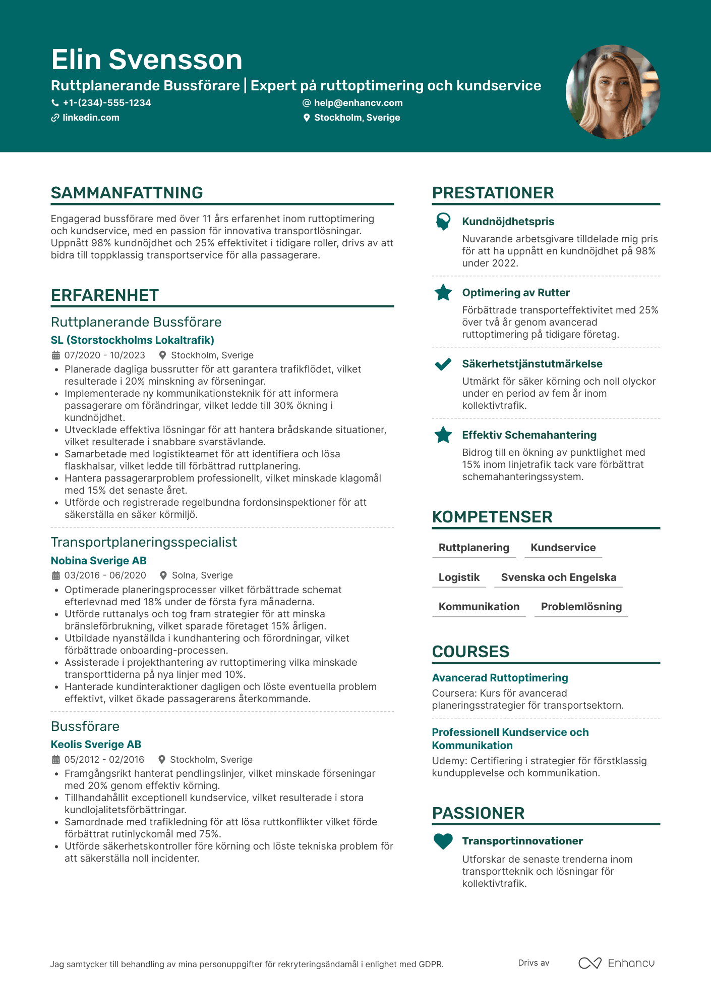 CV för Ruttplanerande Bussförare Resume Example