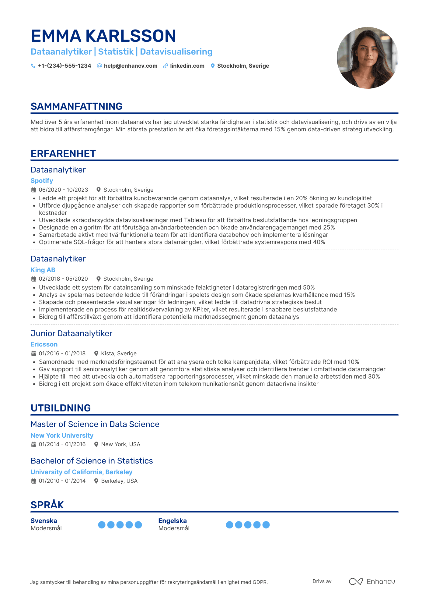 CV för Nybörjarnivå Dataanalytiker Resume Example