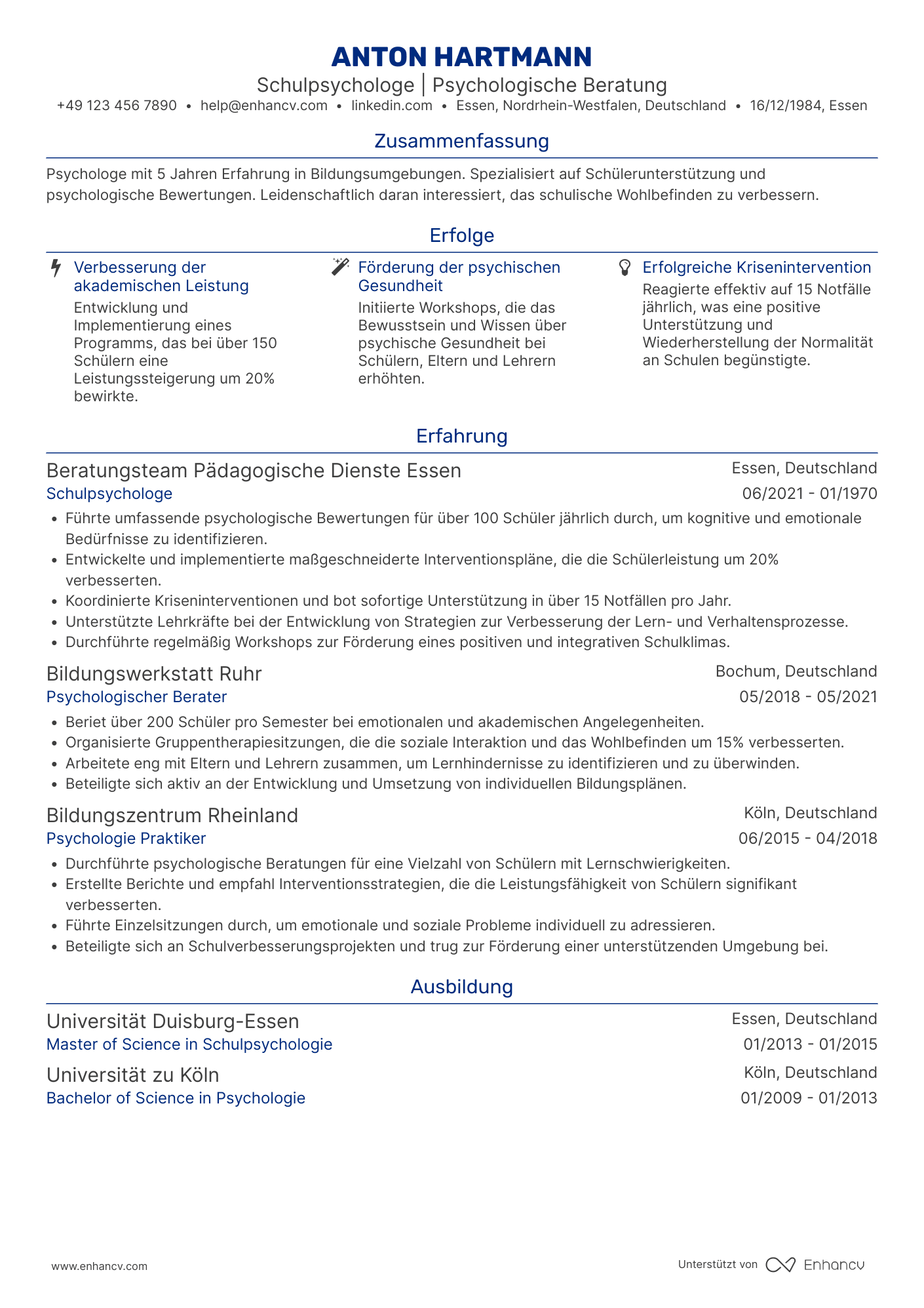 Lebenslauf als Schulpsychologe Resume Example