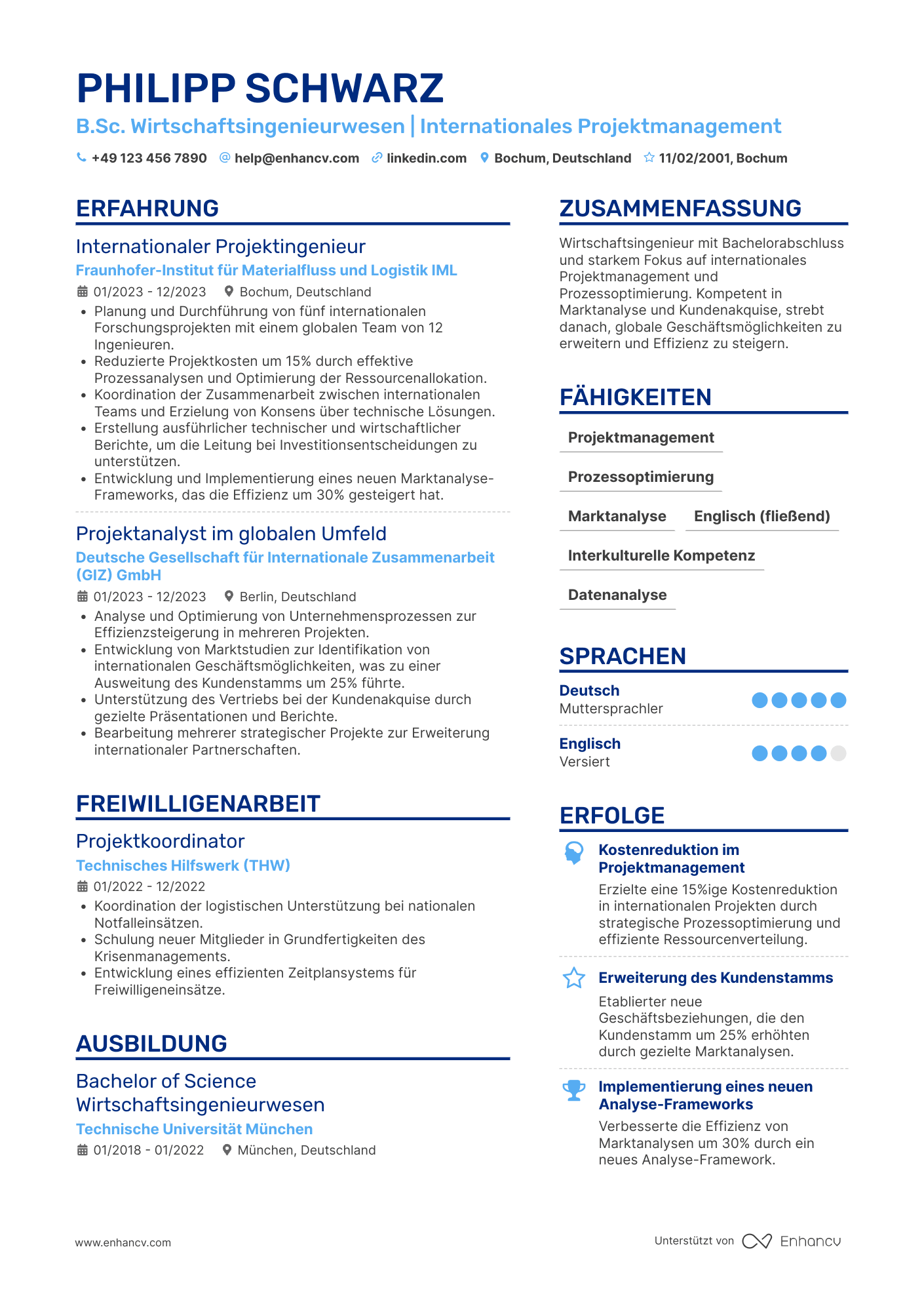 Lebenslauf als Wirtschaftsingenieur mit internationaler Erfahrung Resume Example
