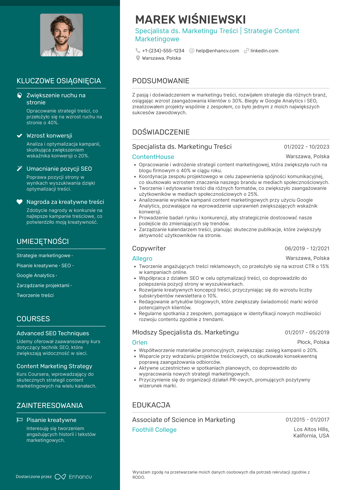 CV dla Specjalista ds. Marketingu Treści Resume Example