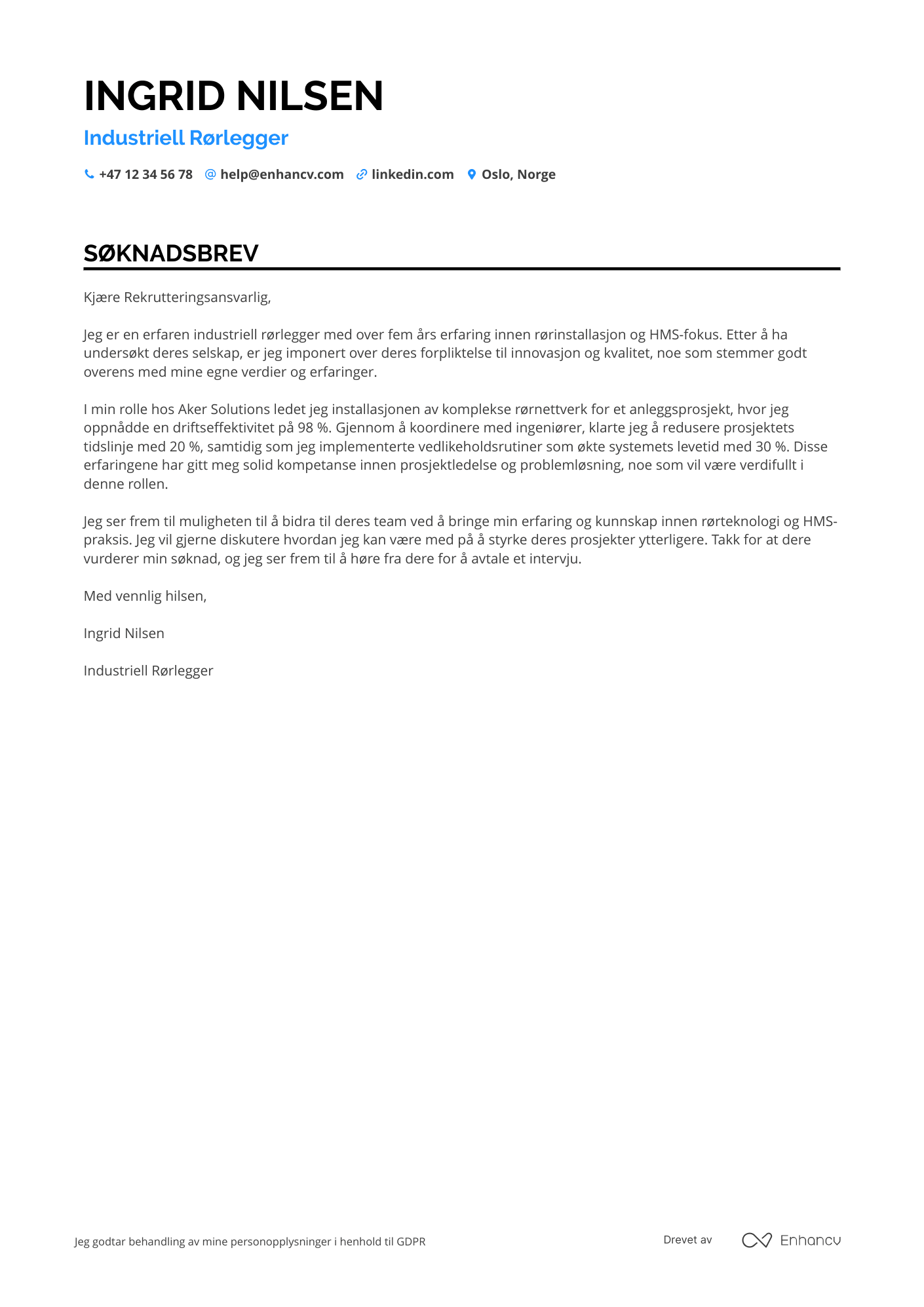 Søknadsbrev for Industriell Rørlegger Resume Example