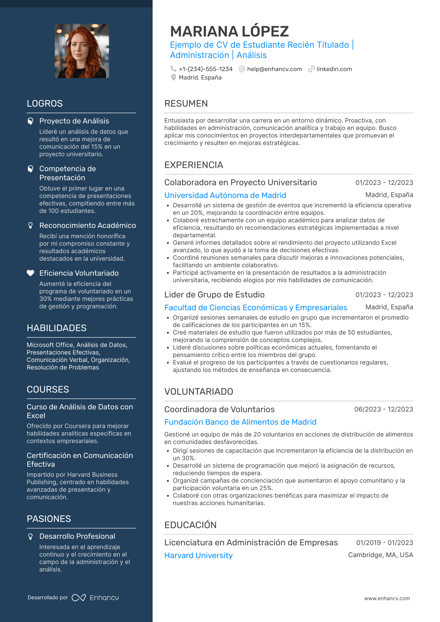 Ejemplo de CV de estudiante recién titulado universitario Resume Example