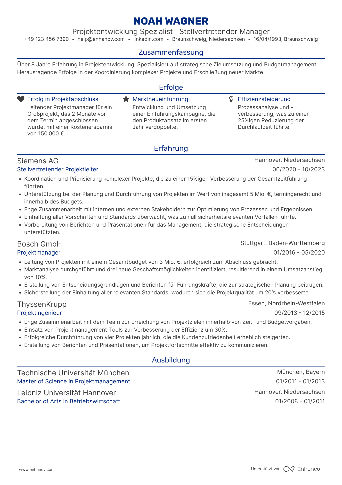 Lebenslauf als Stellvertretender Manager für Projektentwicklung Resume Example