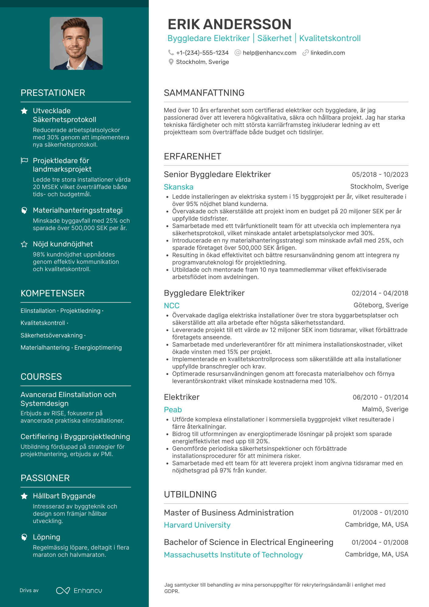 CV för Byggledare elektriker Resume Example