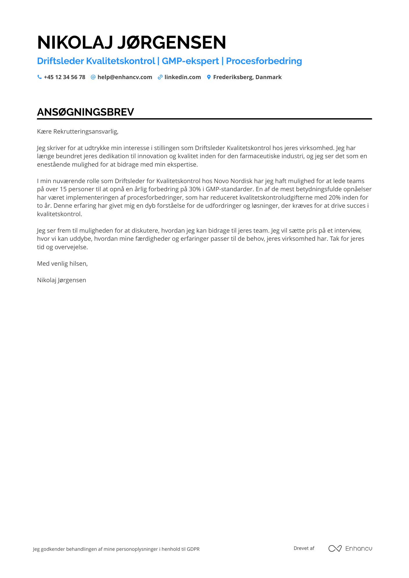 Ansøgningsbrev til Driftsleder for kvalitetskontrol Resume Example