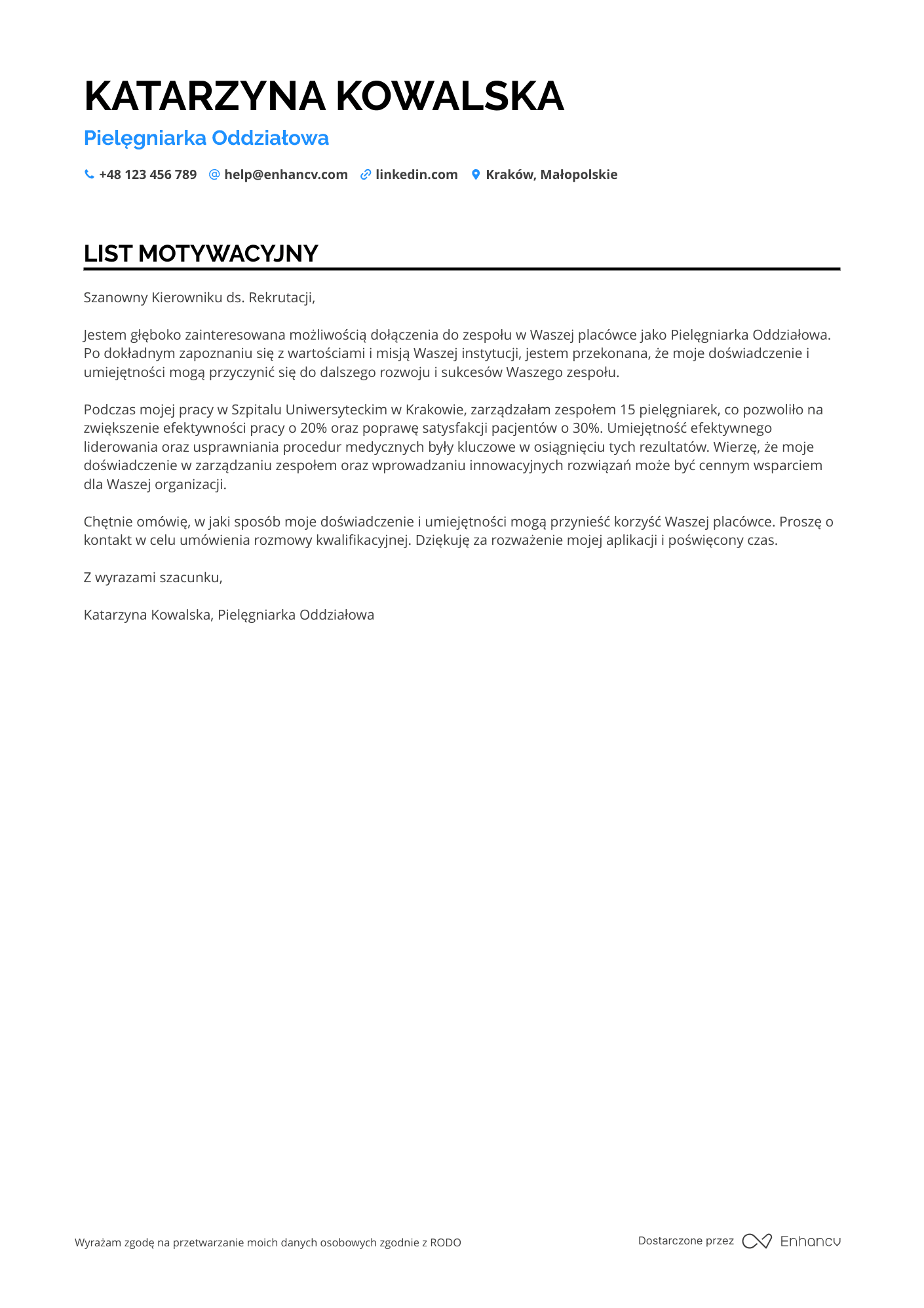 List motywacyjny dla Pielęgniarka Oddziałowa Resume Example