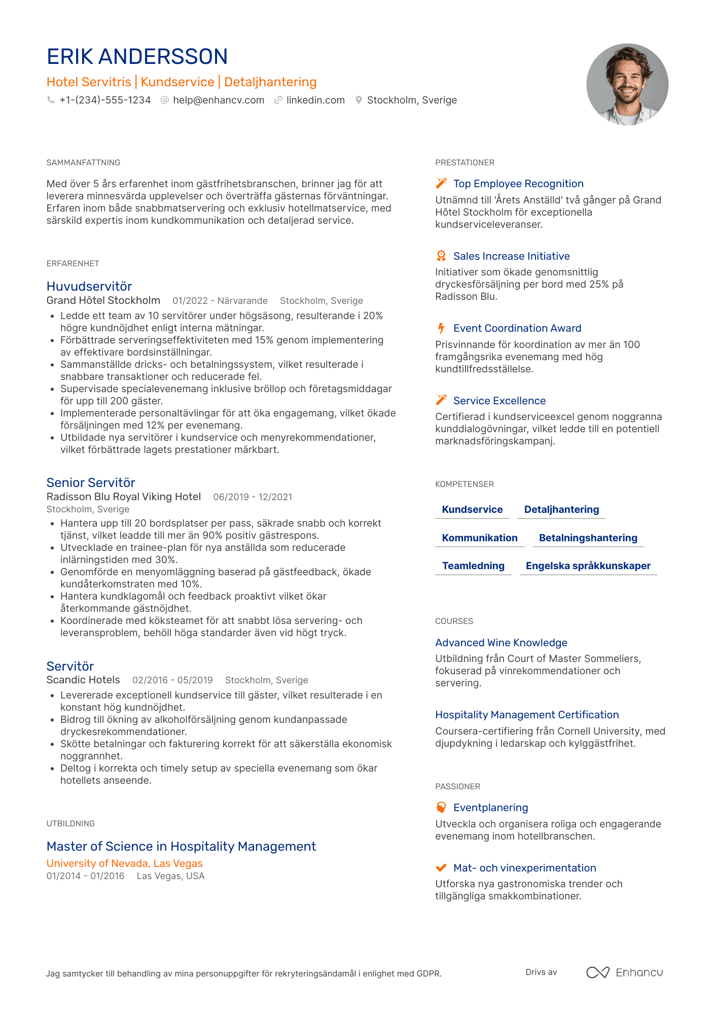 CV för Hotel Servitris Resume Example