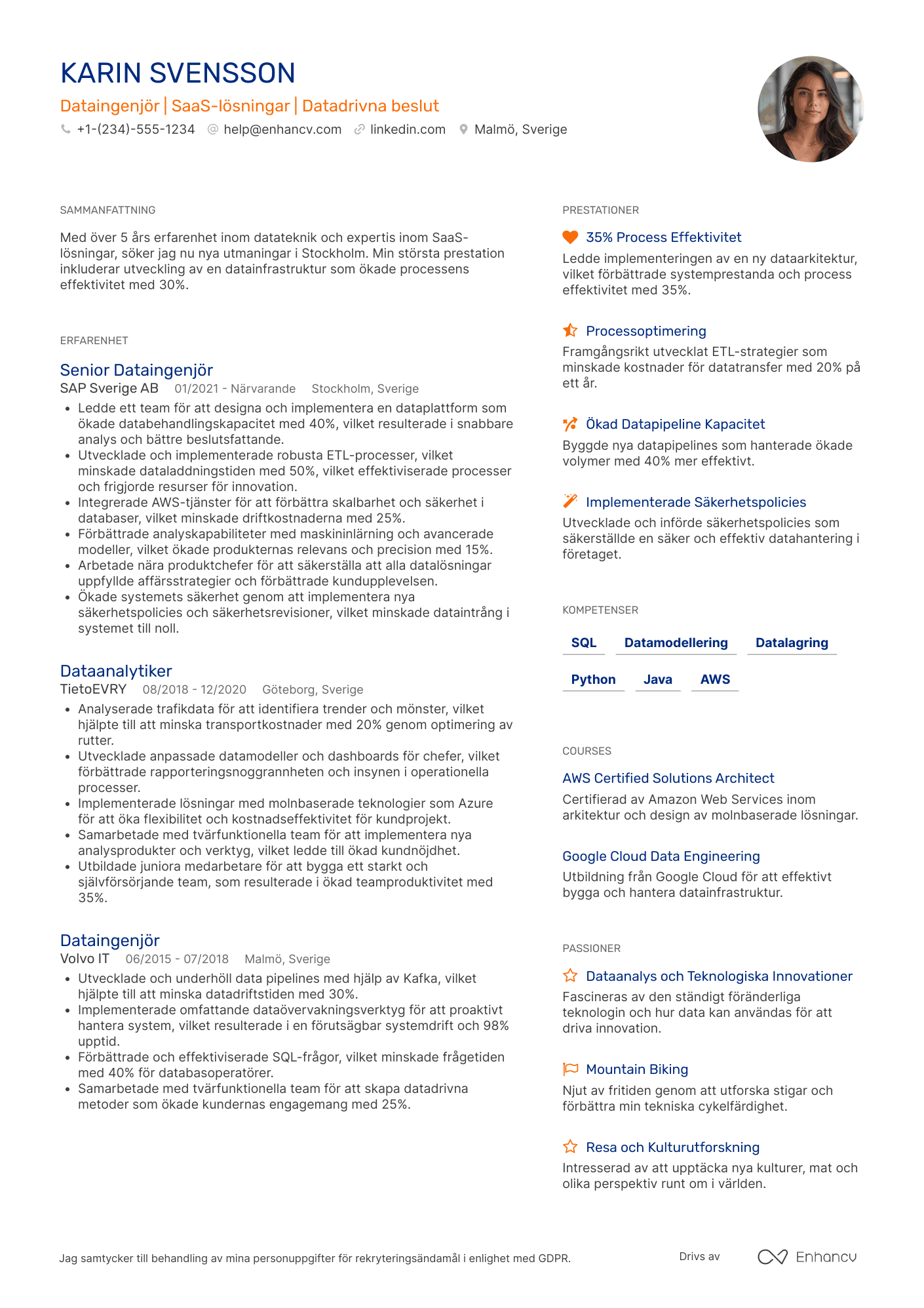 CV för Dataingenjör för SaaS lösningar Resume Example
