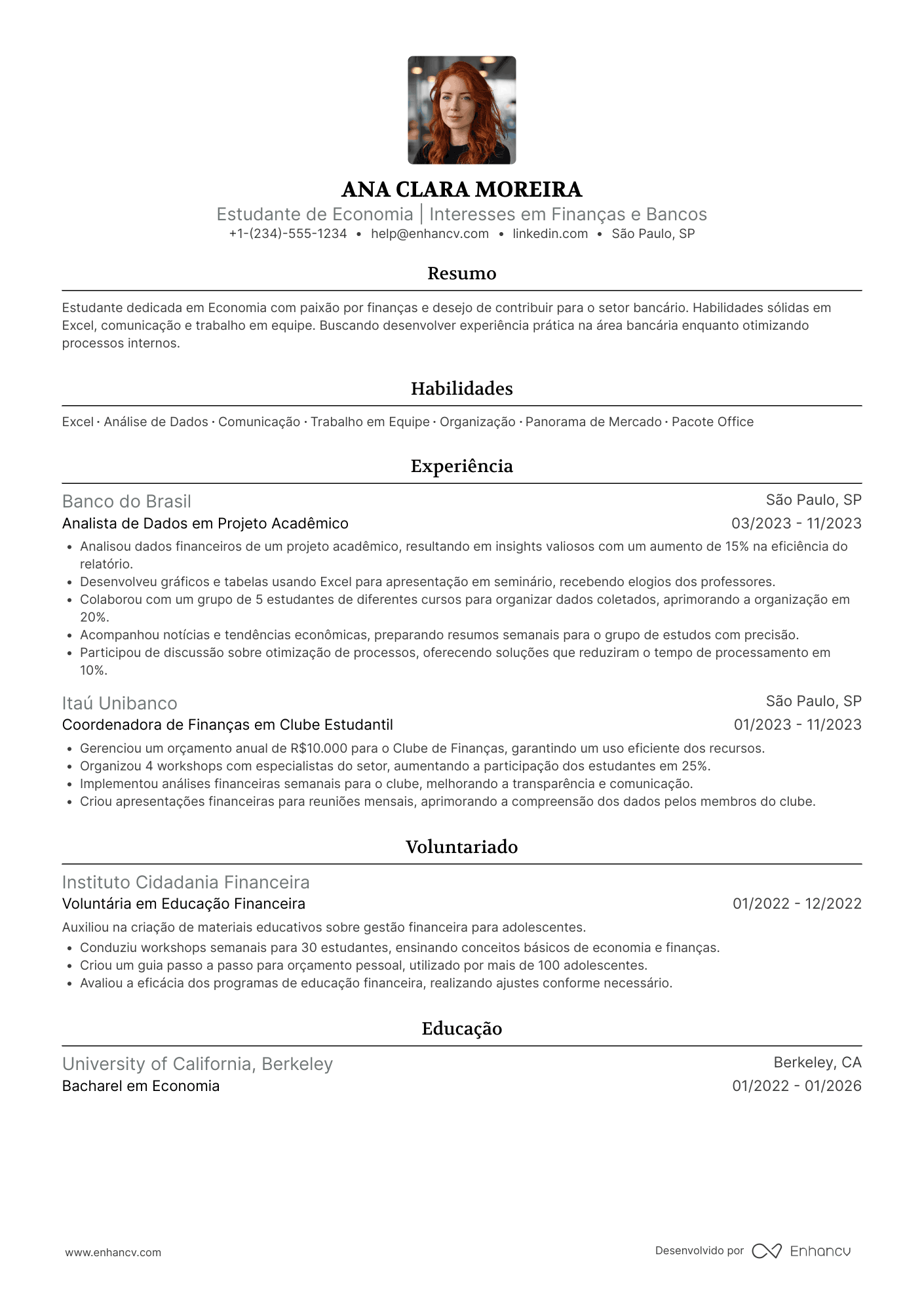 Estudante para área bancária Resume Example