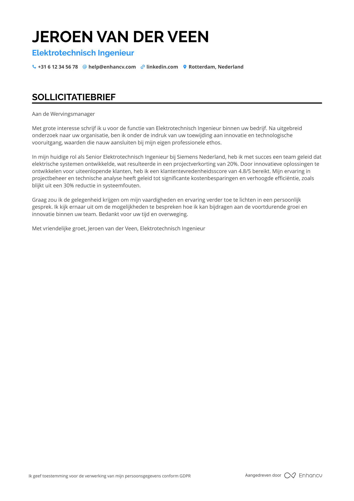Sollicitatiebrief voor Elektrotechnisch ingenieur Resume Example