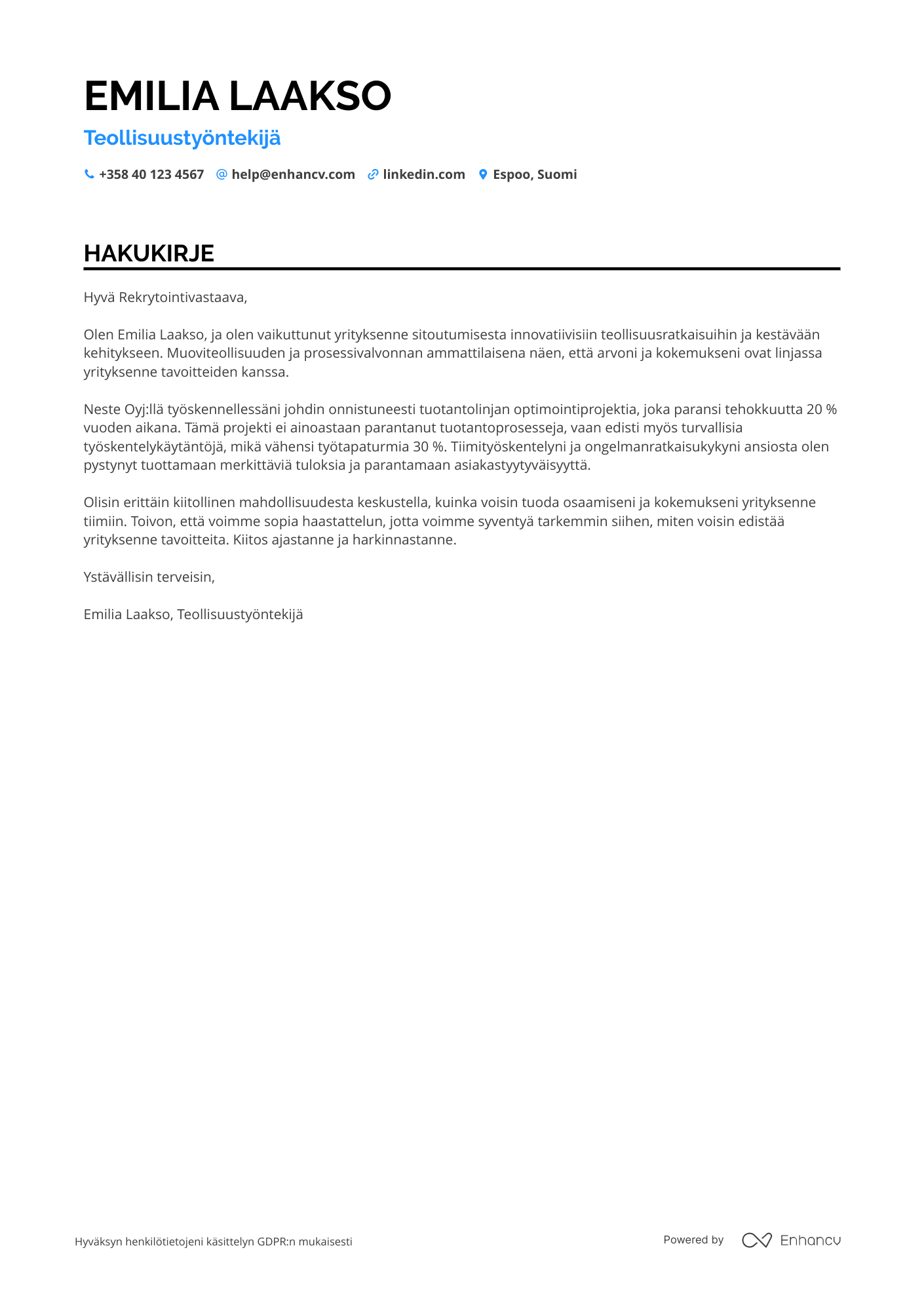 Hakukirje Teollisuustyöntekijä Muoviteollisuus Resume Example