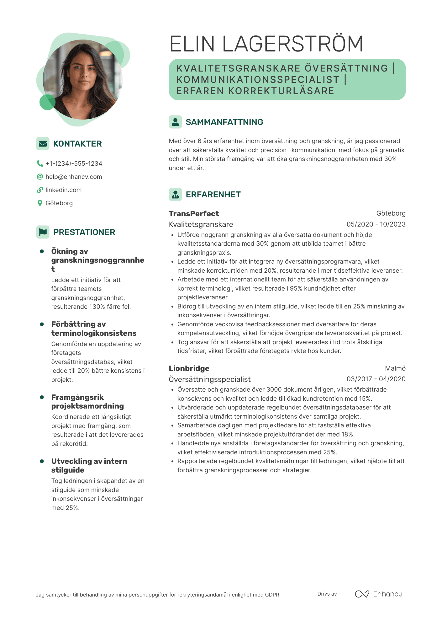 CV för Kvalitetsgranskare Översättning Resume Example