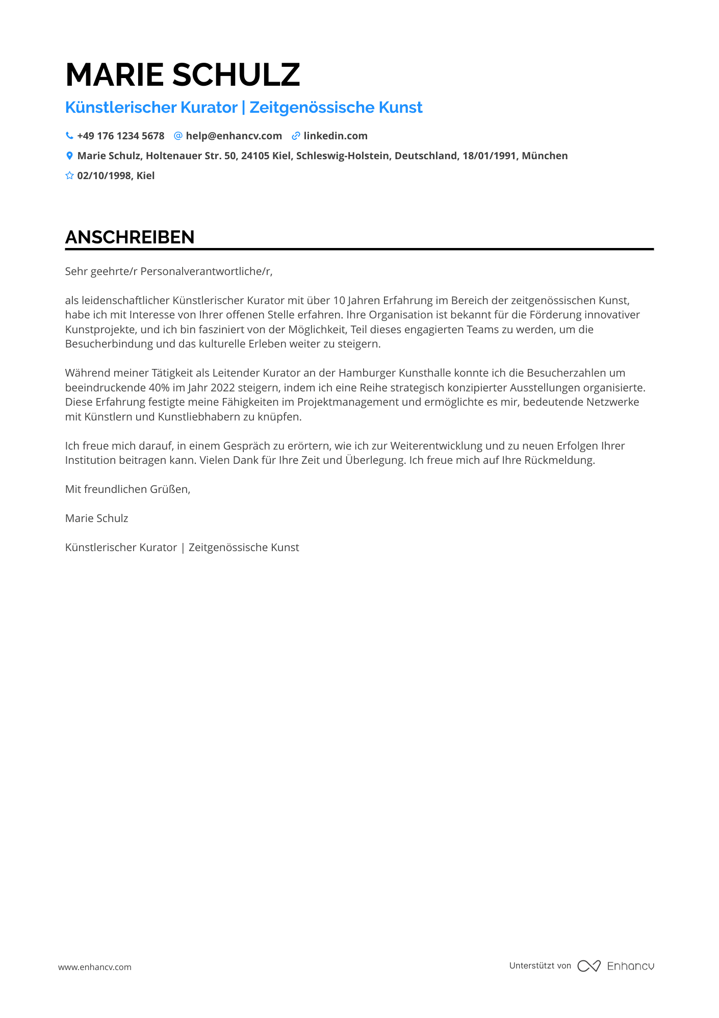 Künstlerischer Kurator Resume Example