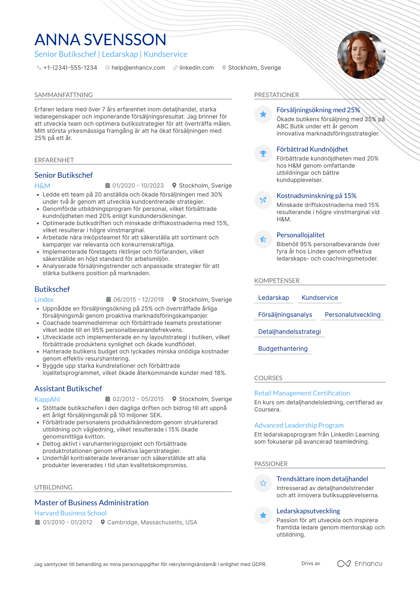 CV för Senior Butikschef Resume Example